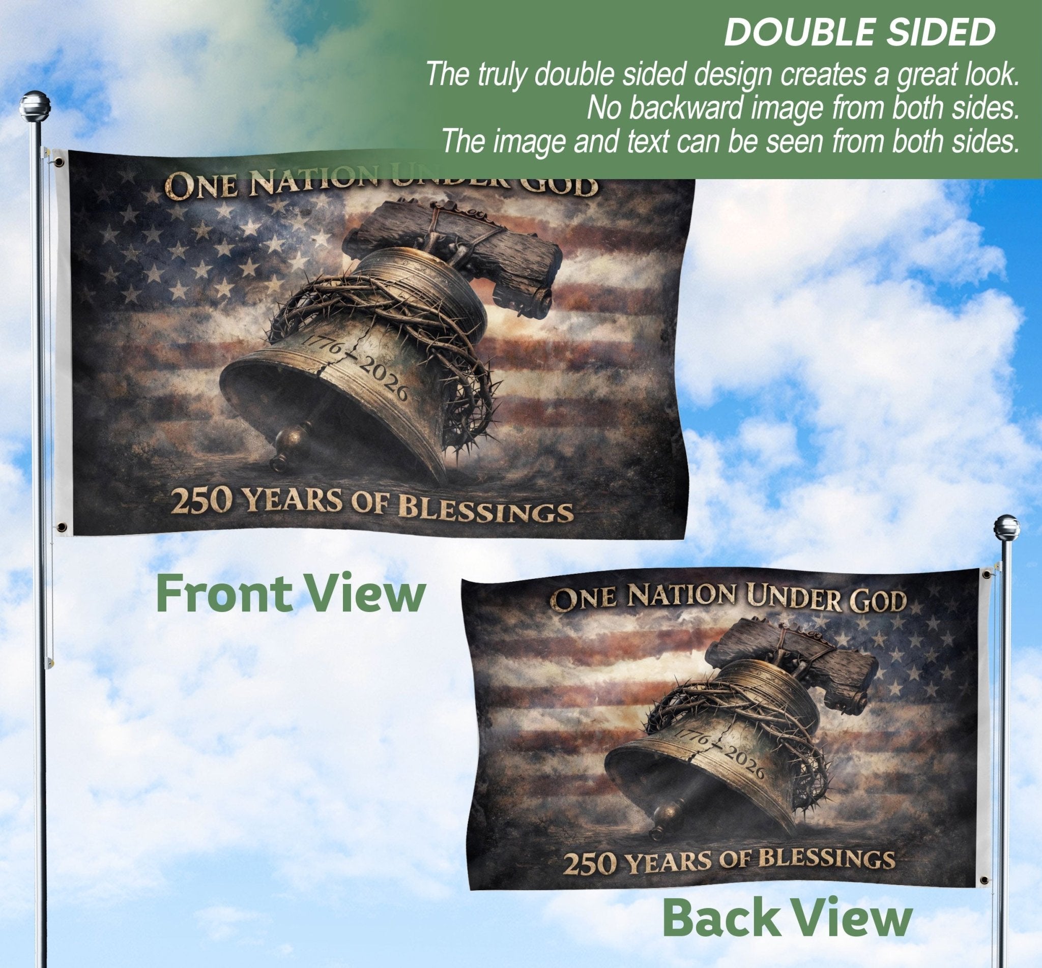 USA 250th Anniversary 1776-2026 Double Sided Flag – Liberty Bell Crown of Thorns One Nation Under God Patriotic Banner - Rust Field Wear
