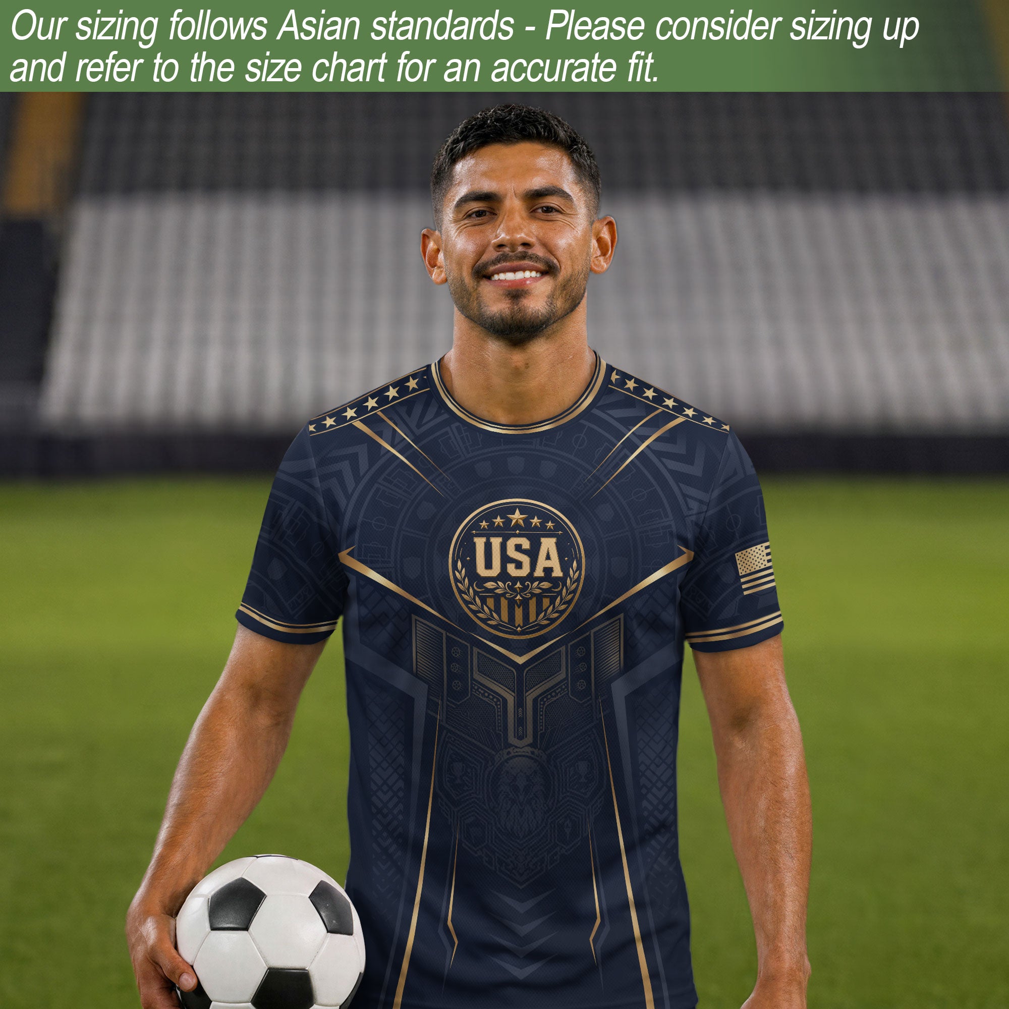 USA Soccer Jersey Navy Gold Eagle Shield Graphic Sports Tee for Soccer Fans