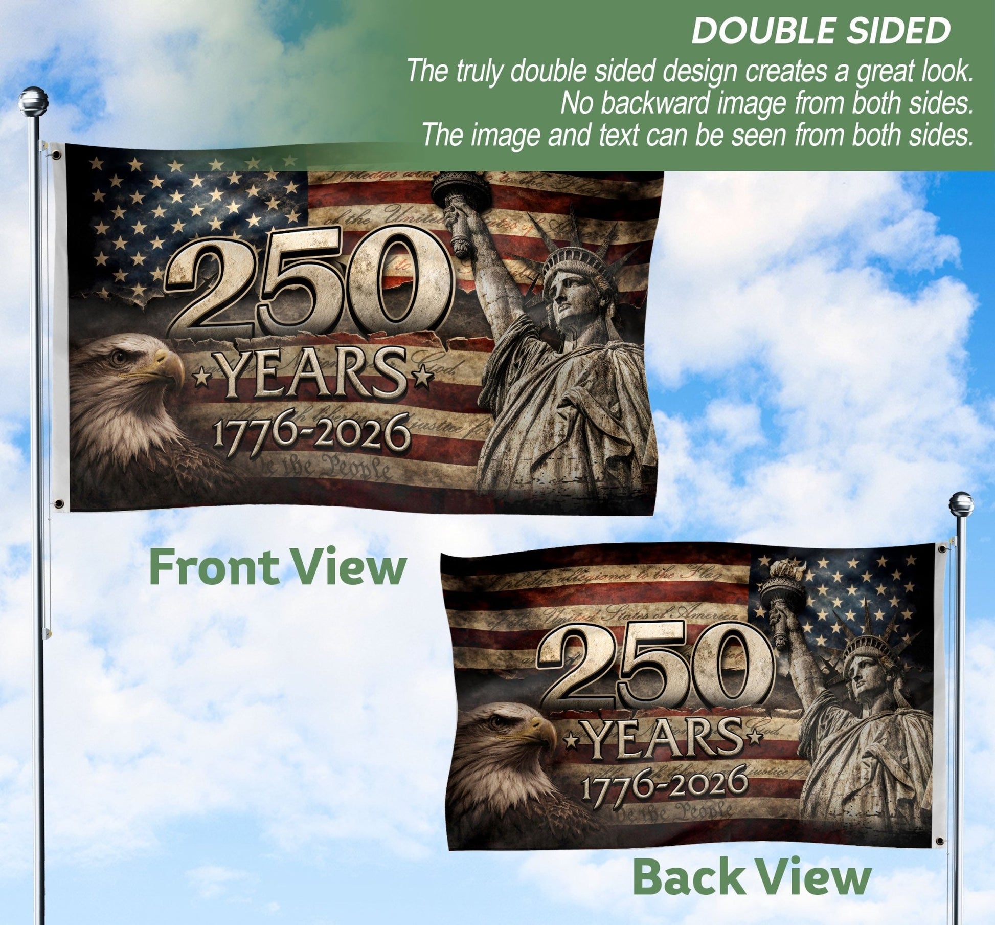 US 250 Years Flag 3x5 ft Statue of Liberty Eagle 1776-2026 Patriotic American Banner - Rust Field Wear