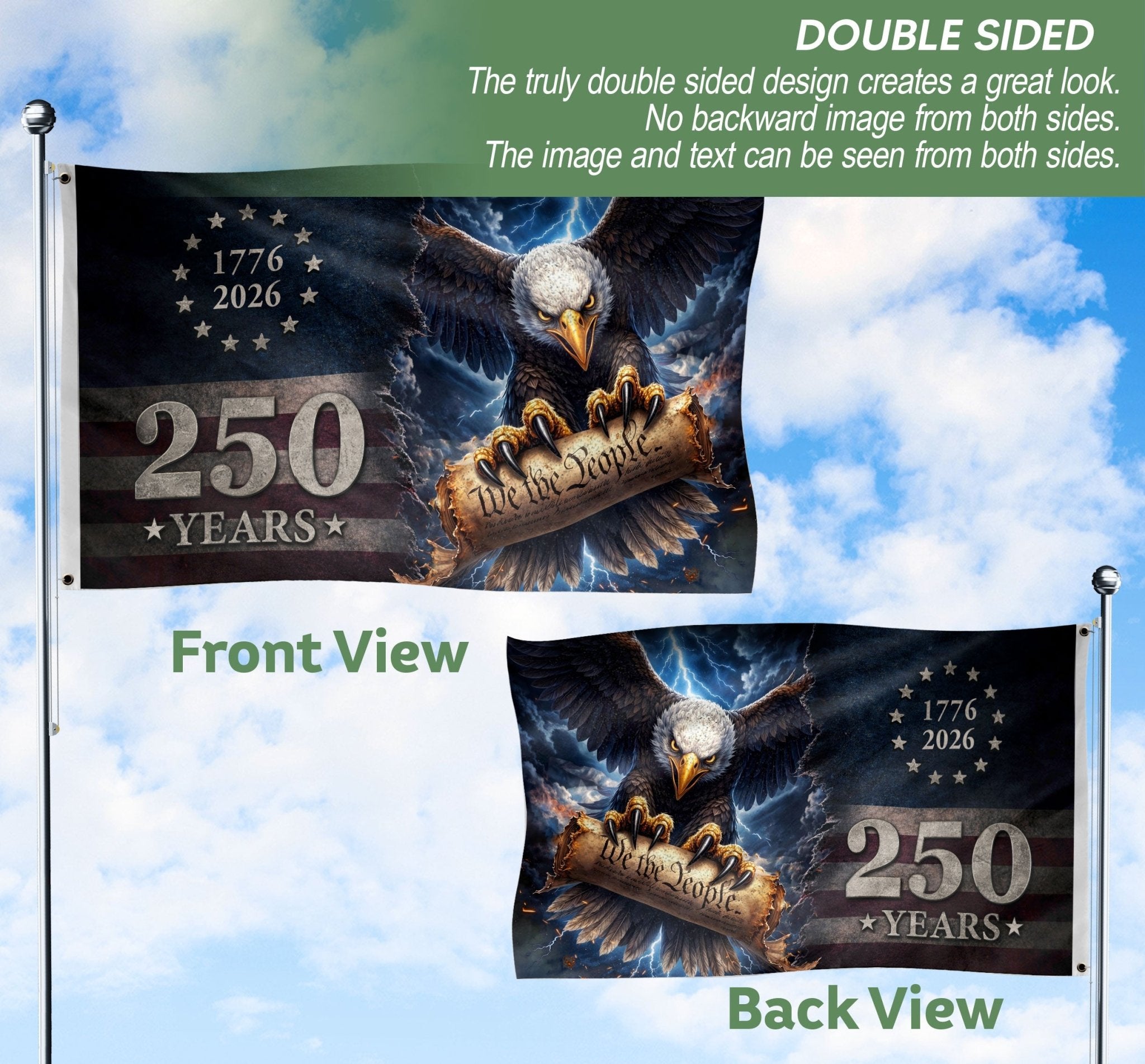 USA 250th Anniversary 1776–2026 House Flag – Vintage Bootleg Eagle Lightning We The People Double Sided Banner - Rust Field Wear