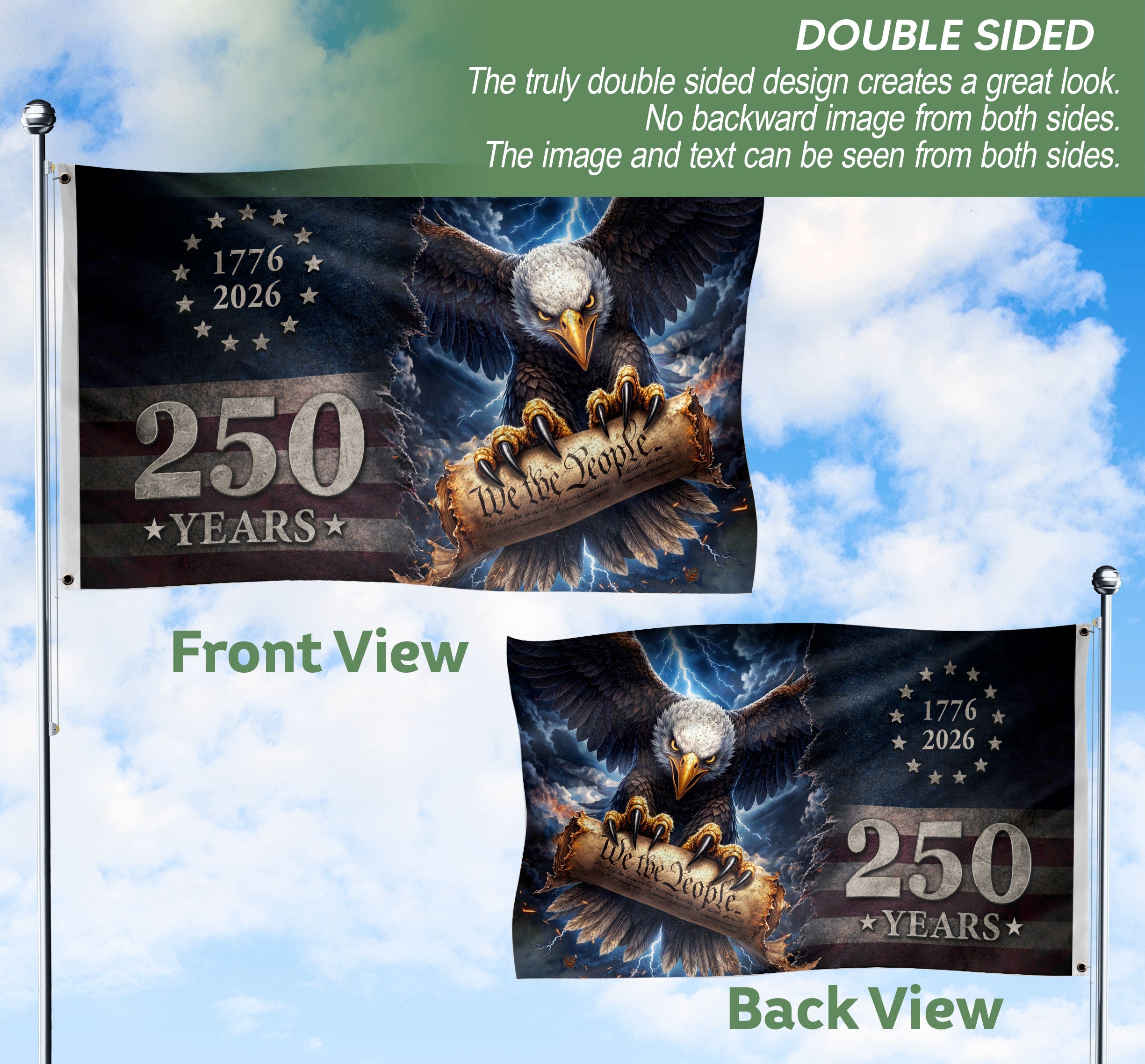 USA 250th Anniversary 1776–2026 House Flag – Vintage Bootleg Eagle Lightning We The People Double Sided Banner