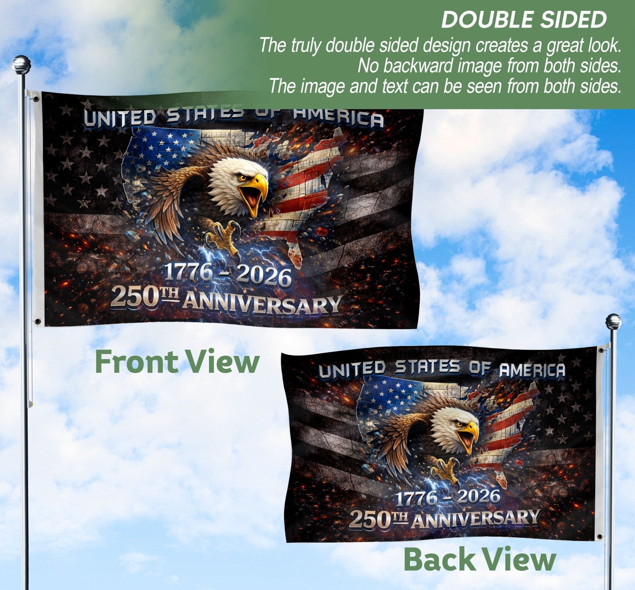 1776–2026 USA 250th Anniversary House Flag – Vintage Bootleg Eagle Lightning Patriotic Double Sided Flag - Rust Field Wear