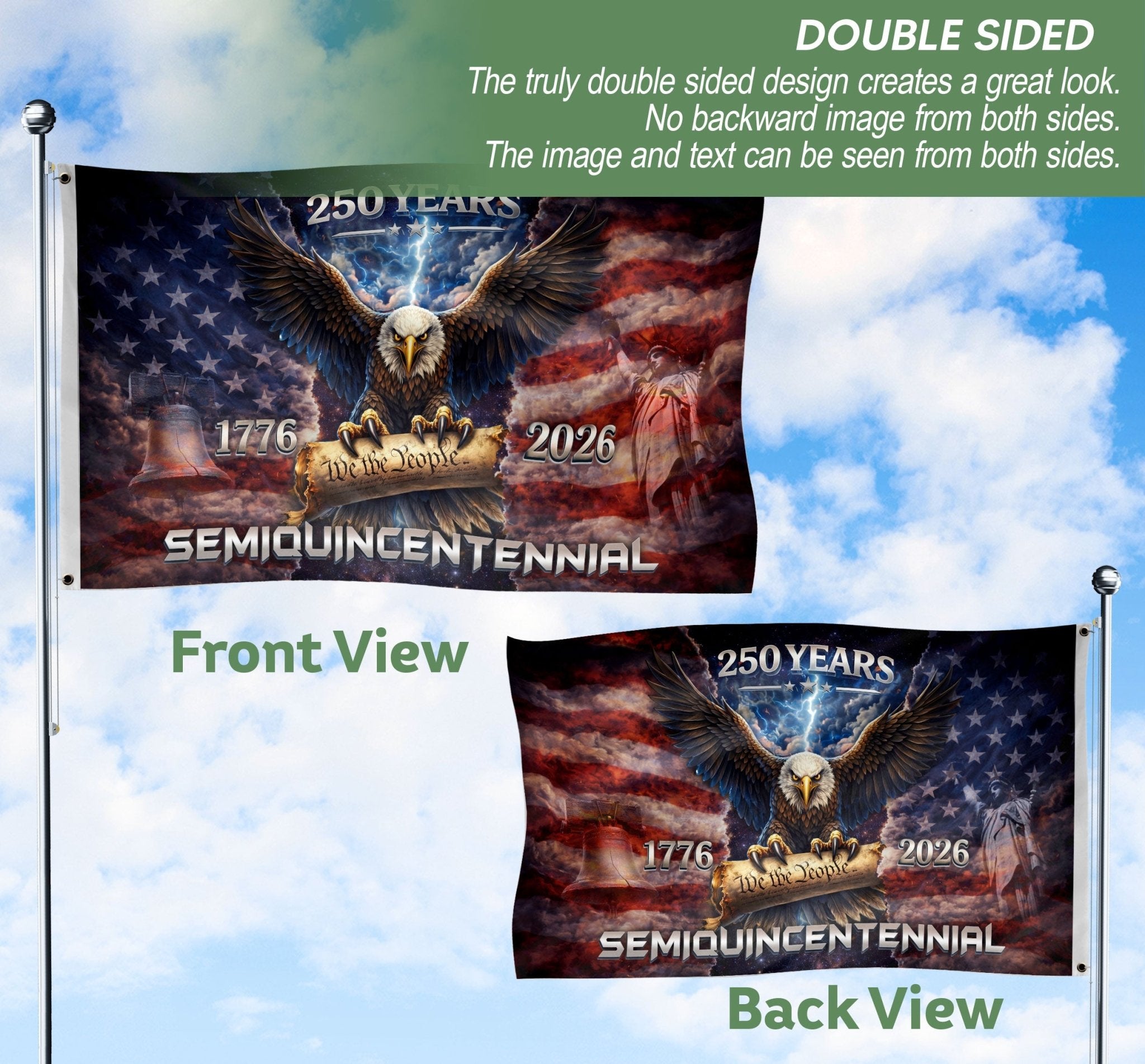 USA 250th Anniversary 1776–2026 House Flag – Vintage Bootleg Eagle Liberty Bell We The People Double Sided - Rust Field Wear