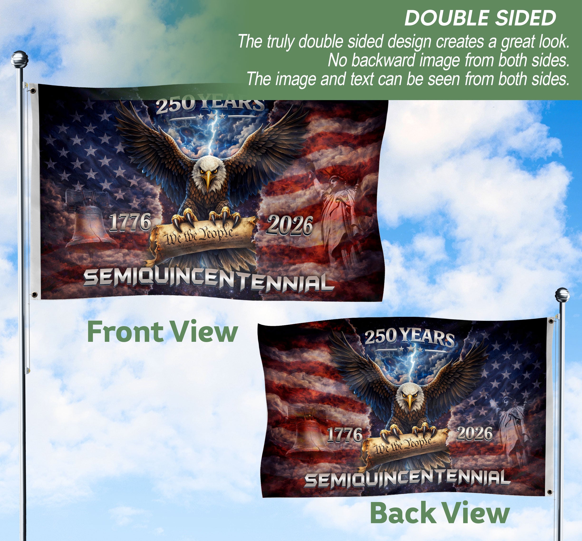 USA 250th Anniversary 1776–2026 House Flag – Vintage Bootleg Eagle Liberty Bell We The People Double Sided