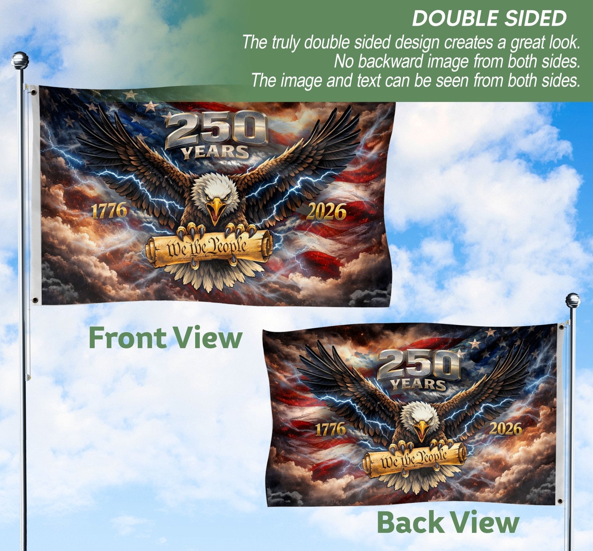 USA 250th Anniversary 1776–2026 House Flag – Vintage Bootleg Eagle We The People Lightning Double Sided Printing - Rust Field Wear