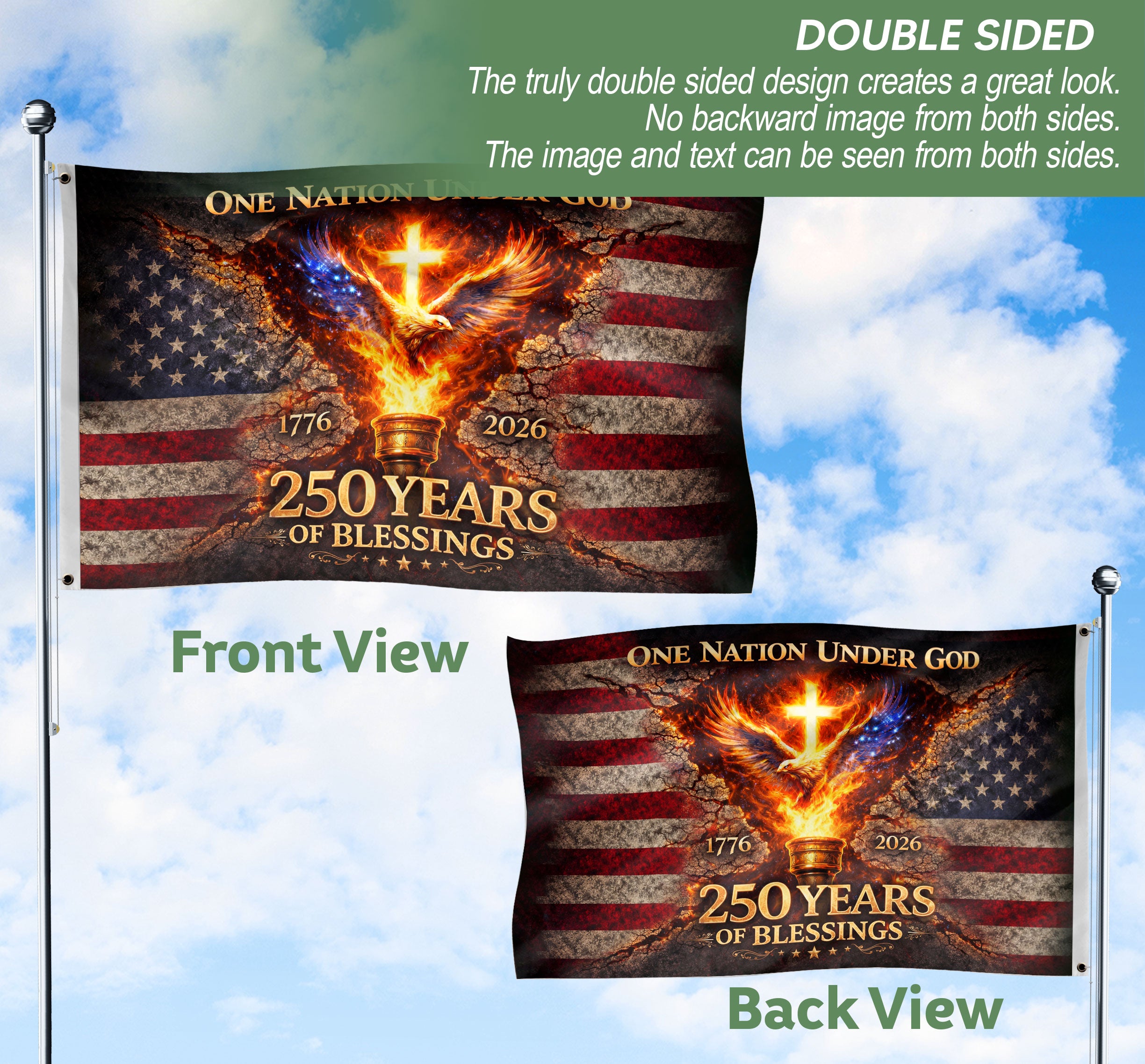 One Nation Under God 250 Years Flag 1776–2026 – Eagle & Cross Christian USA Double Sided House Flag
