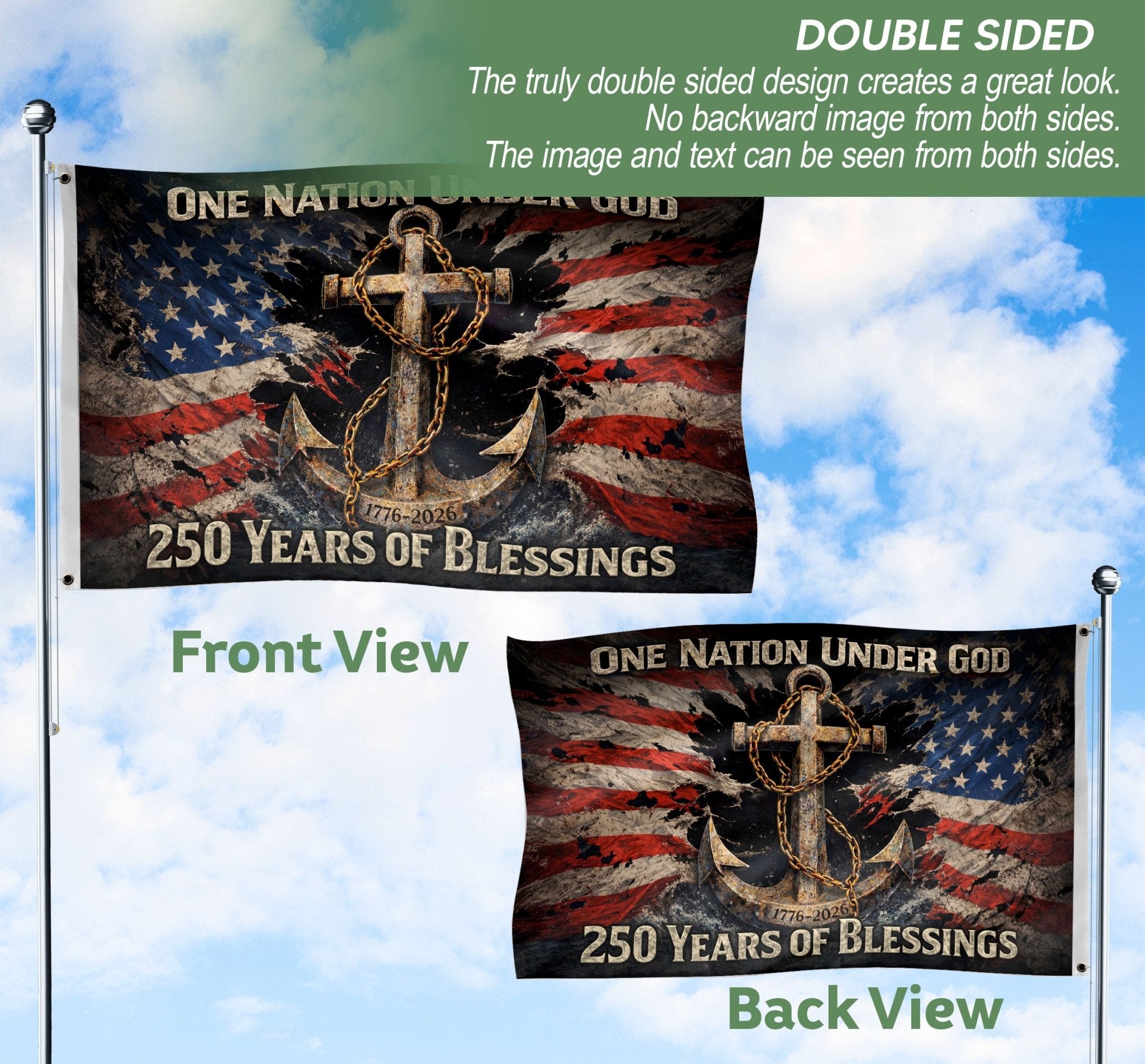 250 Years of Blessings Christian Flag 1776–2026 – Anchor Cross & Chain Patriotic Double Sided Banner - Rust Field Wear