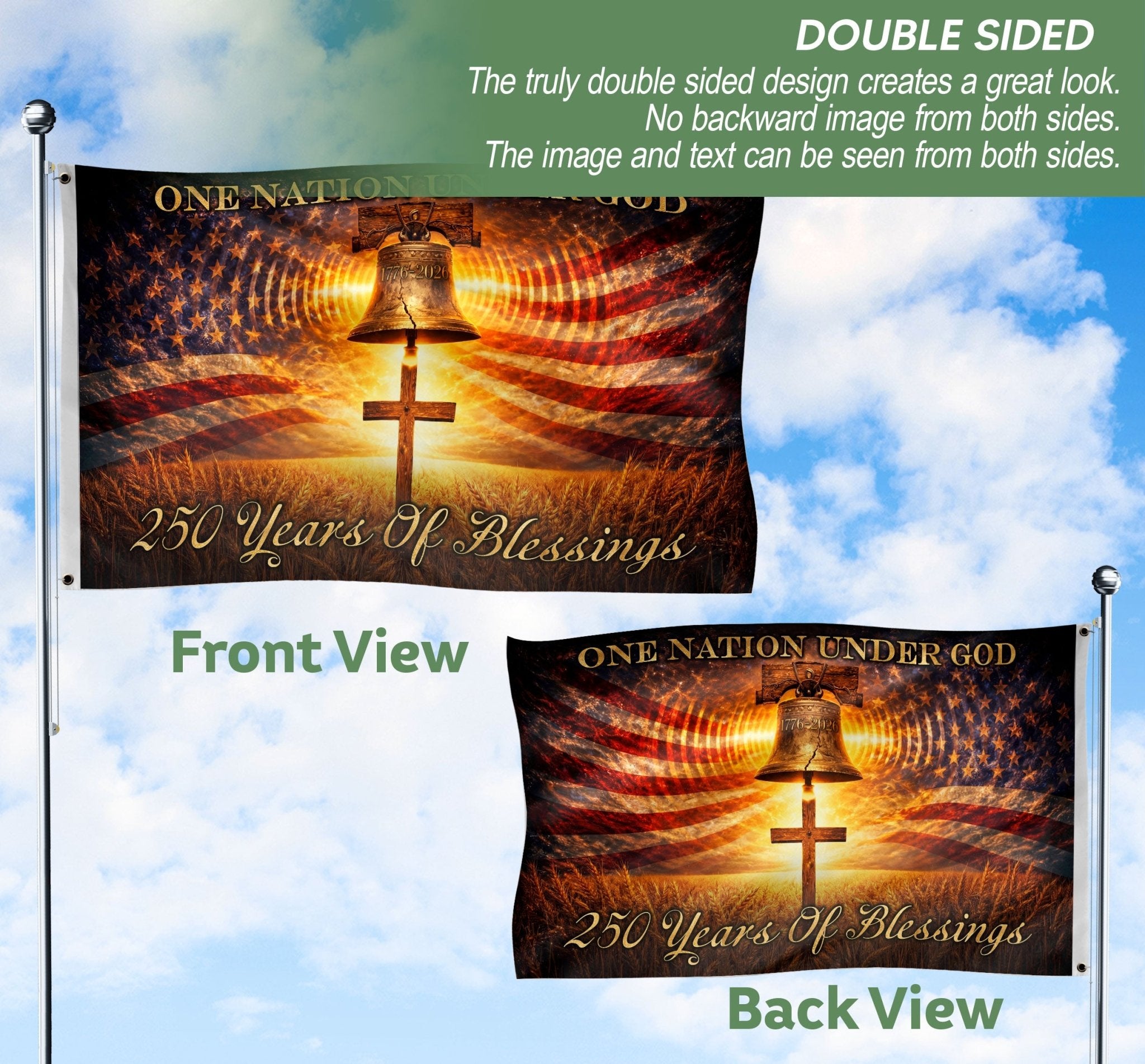 250 Years of Blessings Flag 1776–2026 – Liberty Bell & Cross One Nation Under God Patriotic Banner - Rust Field Wear