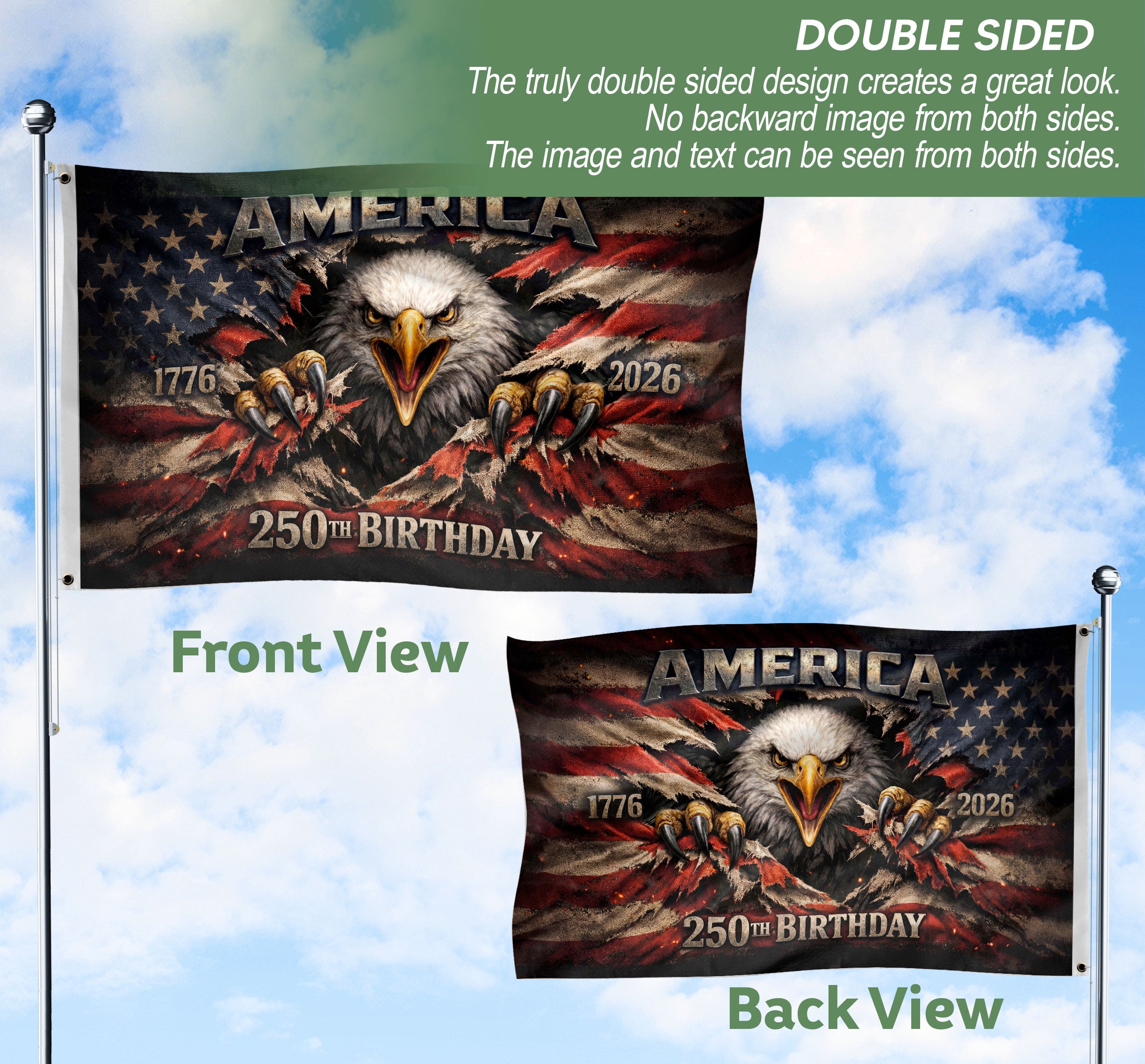 1776-2026 USA 250th Anniversary Flag – Patriotic Eagle Double Sided House Flag