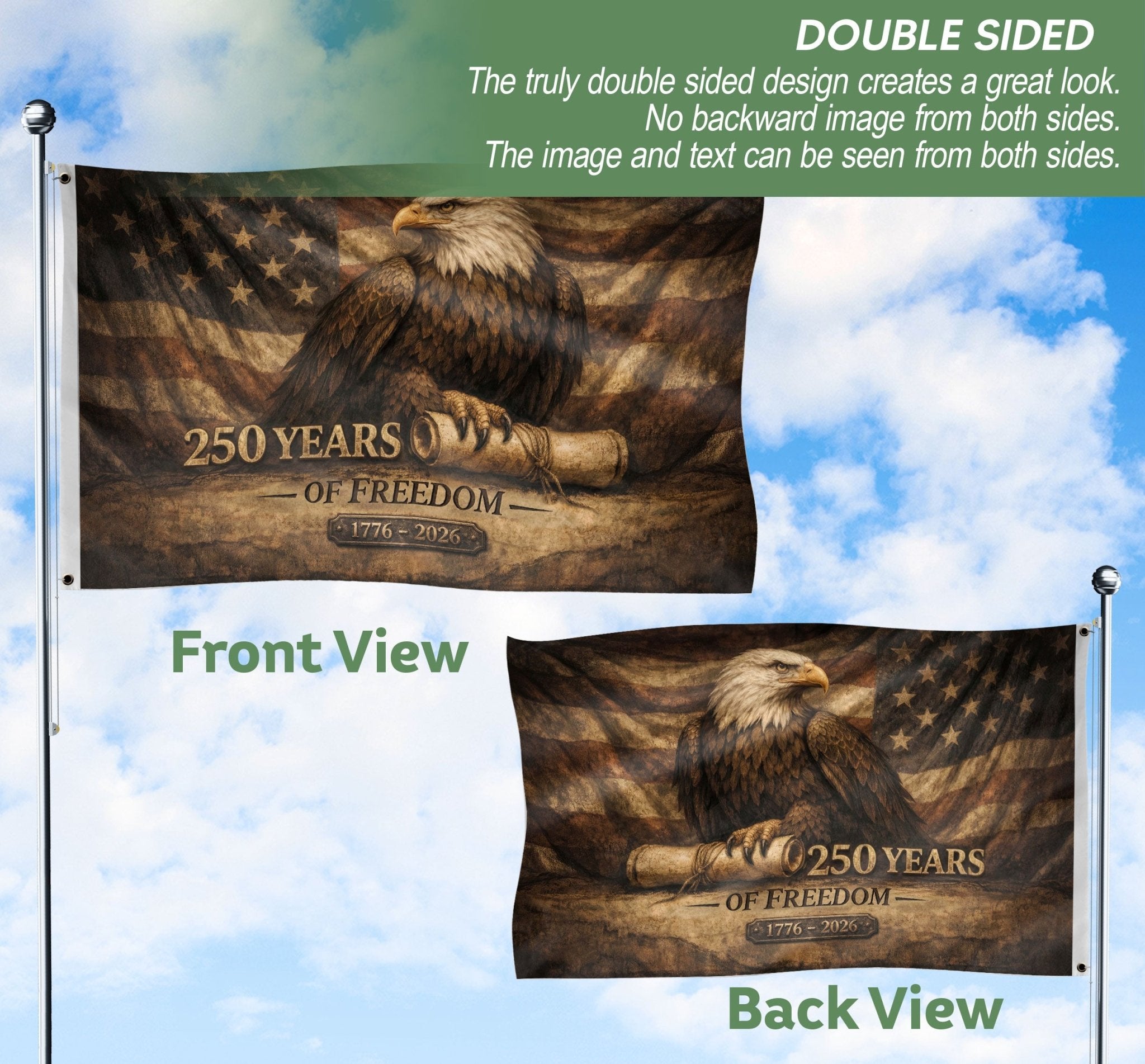 250 Years Of Freedom Flag 1776–2026 – Vintage Eagle Constitution Patriotic Banner - Rust Field Wear