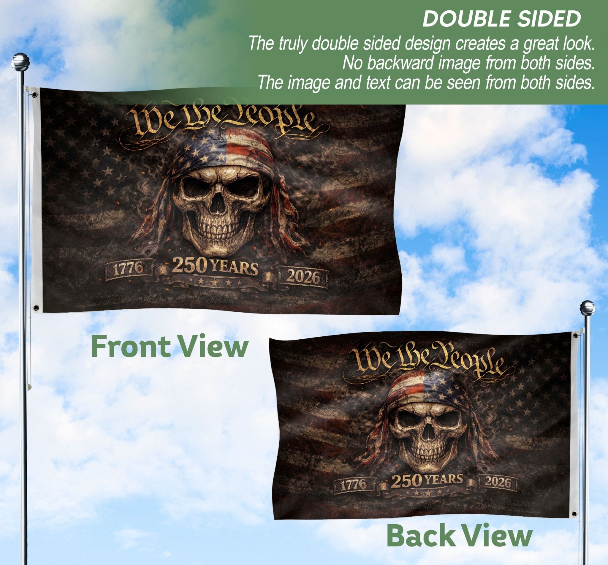 We The People 1776–2026 Flag – Patriotic Skull 250 Years House Flag. - Rust Field Wear