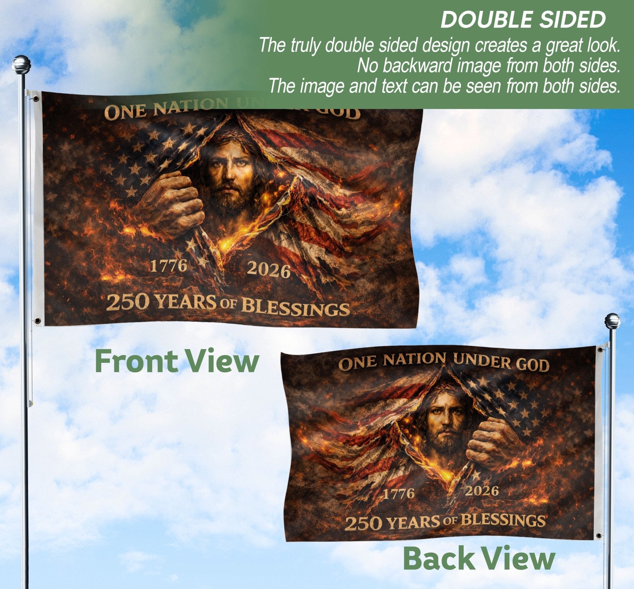 Christian 1776-2026 USA 250th Anniversary Flag – Jesus Christ One Nation Under God 250 Years of Blessings Patriotic Banner - Rust Field Wear