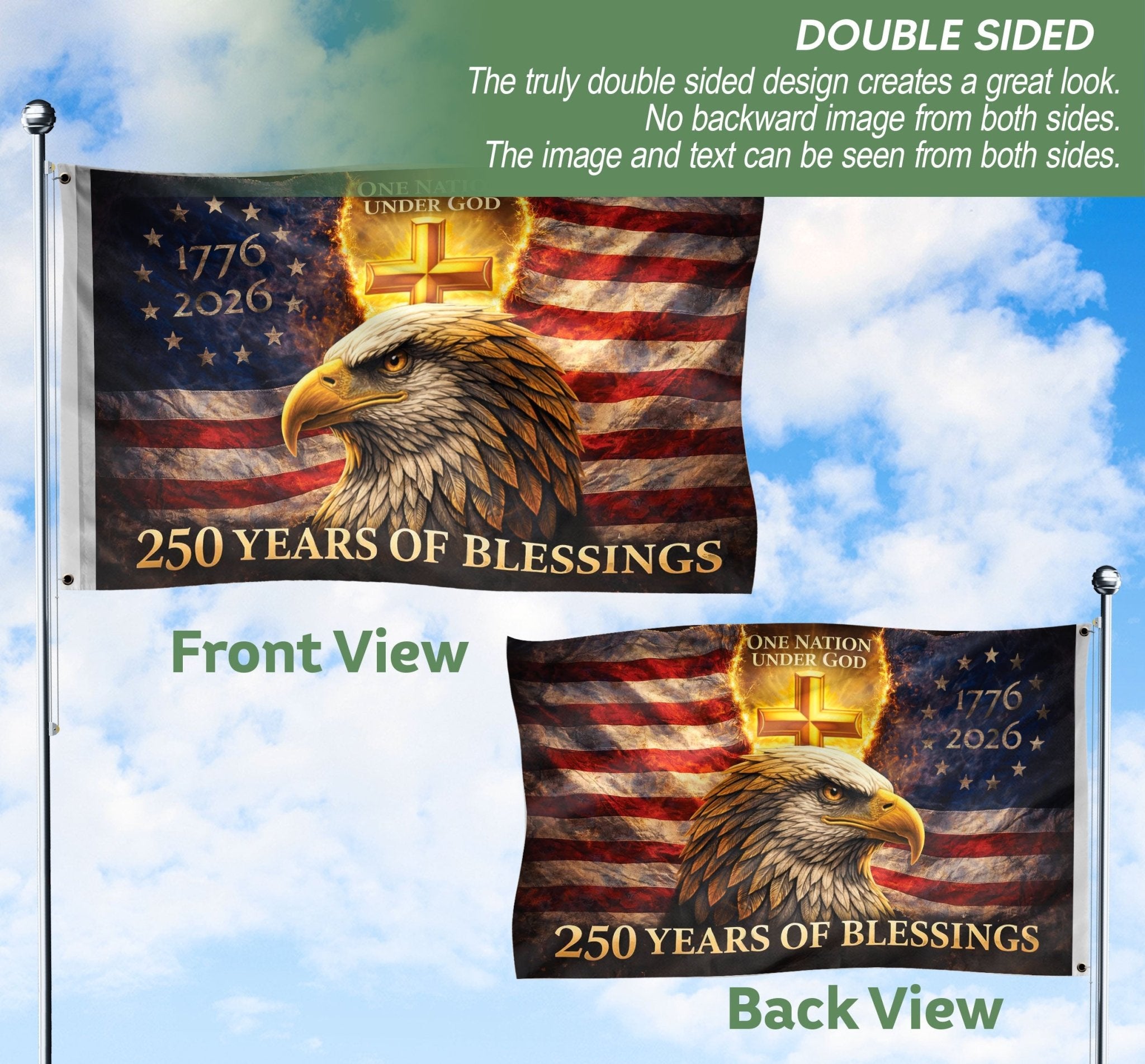USA 250th Anniversary Eagle Flag 1776-2026 – One Nation Under God Christian Cross Double Sided Patriotic House Flag - Rust Field Wear