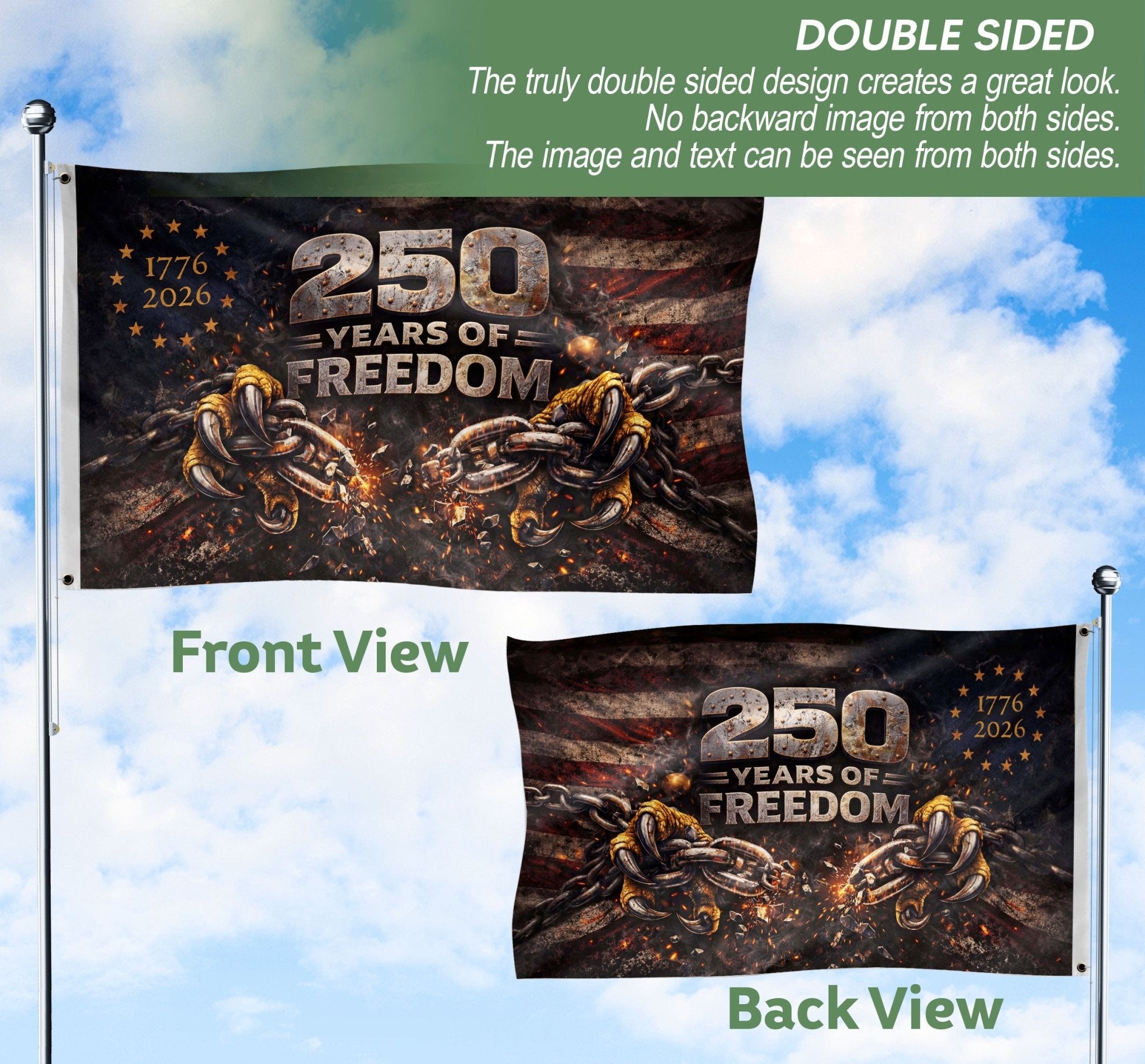 USA 250th Anniversary Flag 1776–2026 – Breaking Chains 250 Years of Freedom Double Sided House Flag - Rust Field Wear
