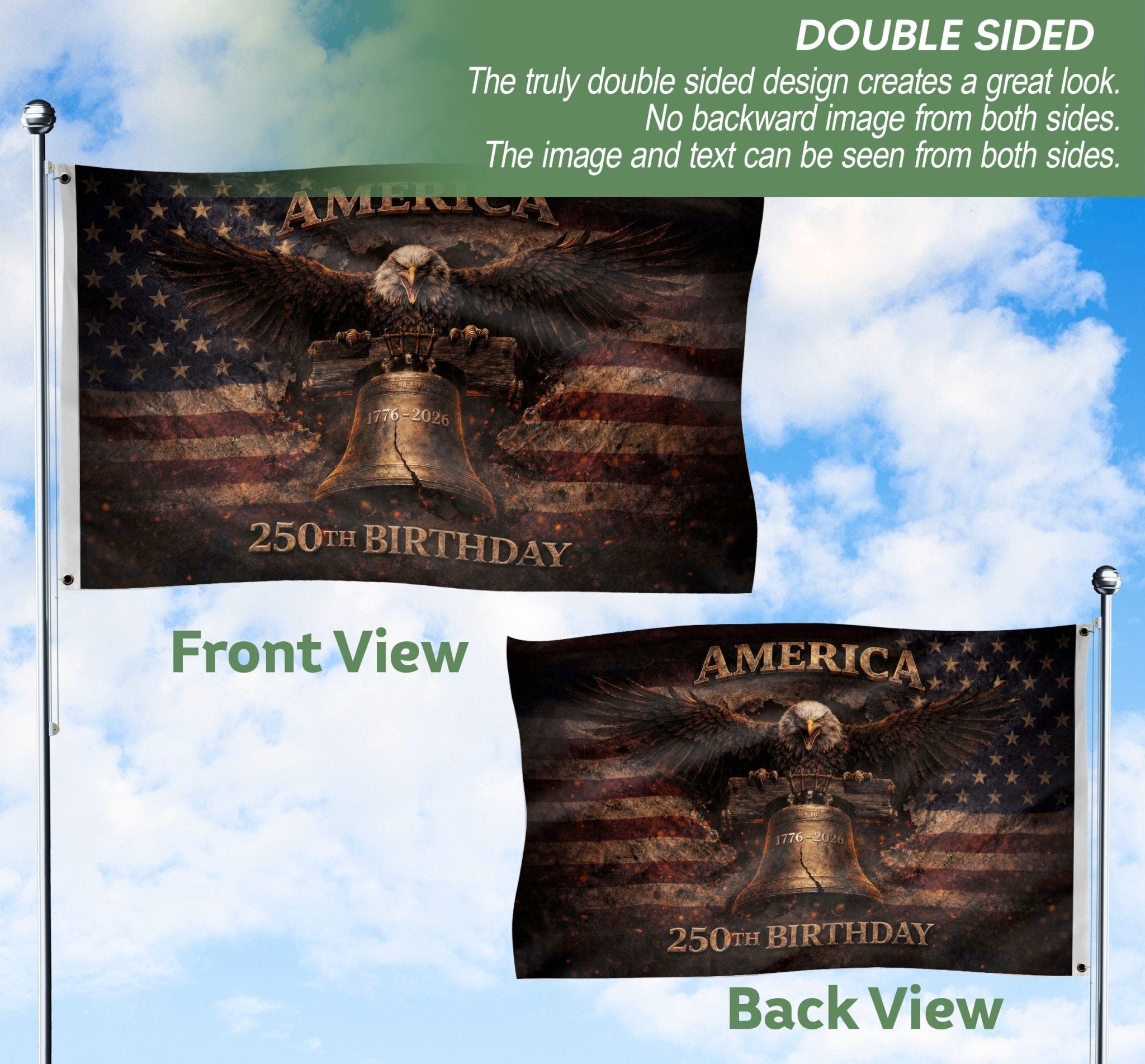 USA 250th Anniversary Eagle Flag 1776–2026 – Liberty Bell Patriotic Double Sided House Flag - Rust Field Wear