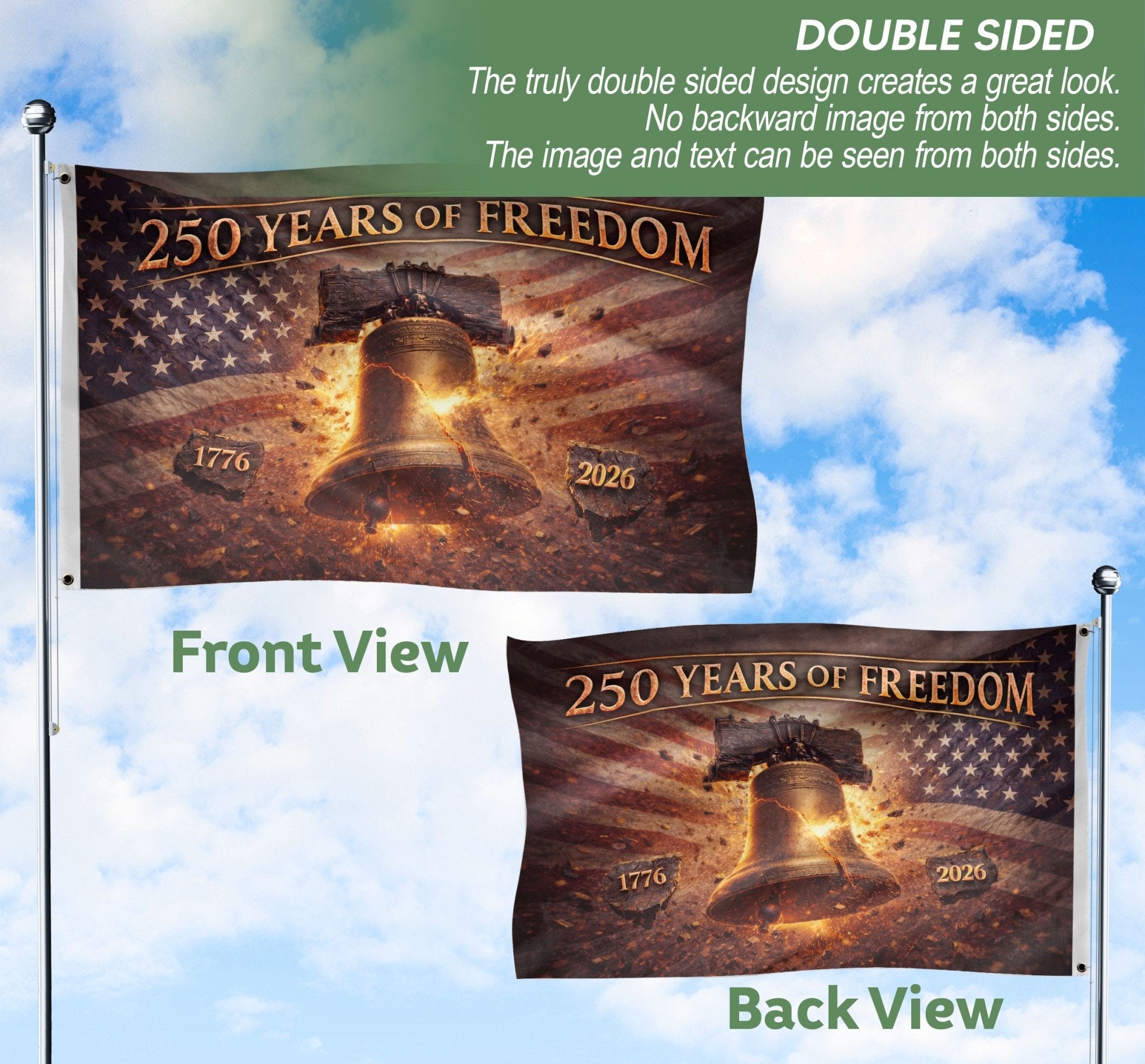 USA 250th Anniversary Freedom Flag 1776–2026 – Glowing Liberty Bell & Stars Double Sided House Banner - Rust Field Wear