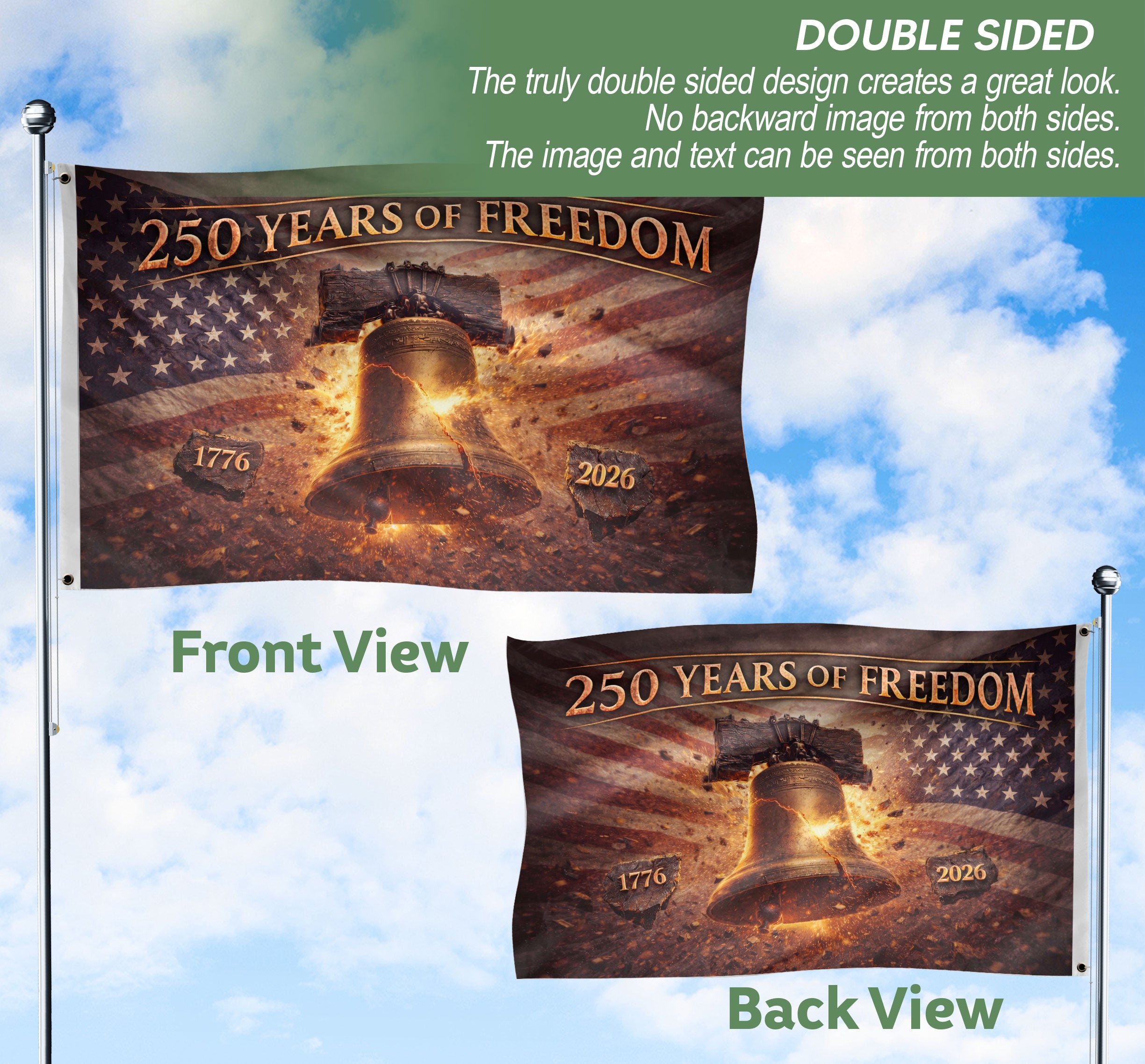 USA 250th Anniversary Freedom Flag 1776–2026 – Glowing Liberty Bell & Stars Double Sided House Banner