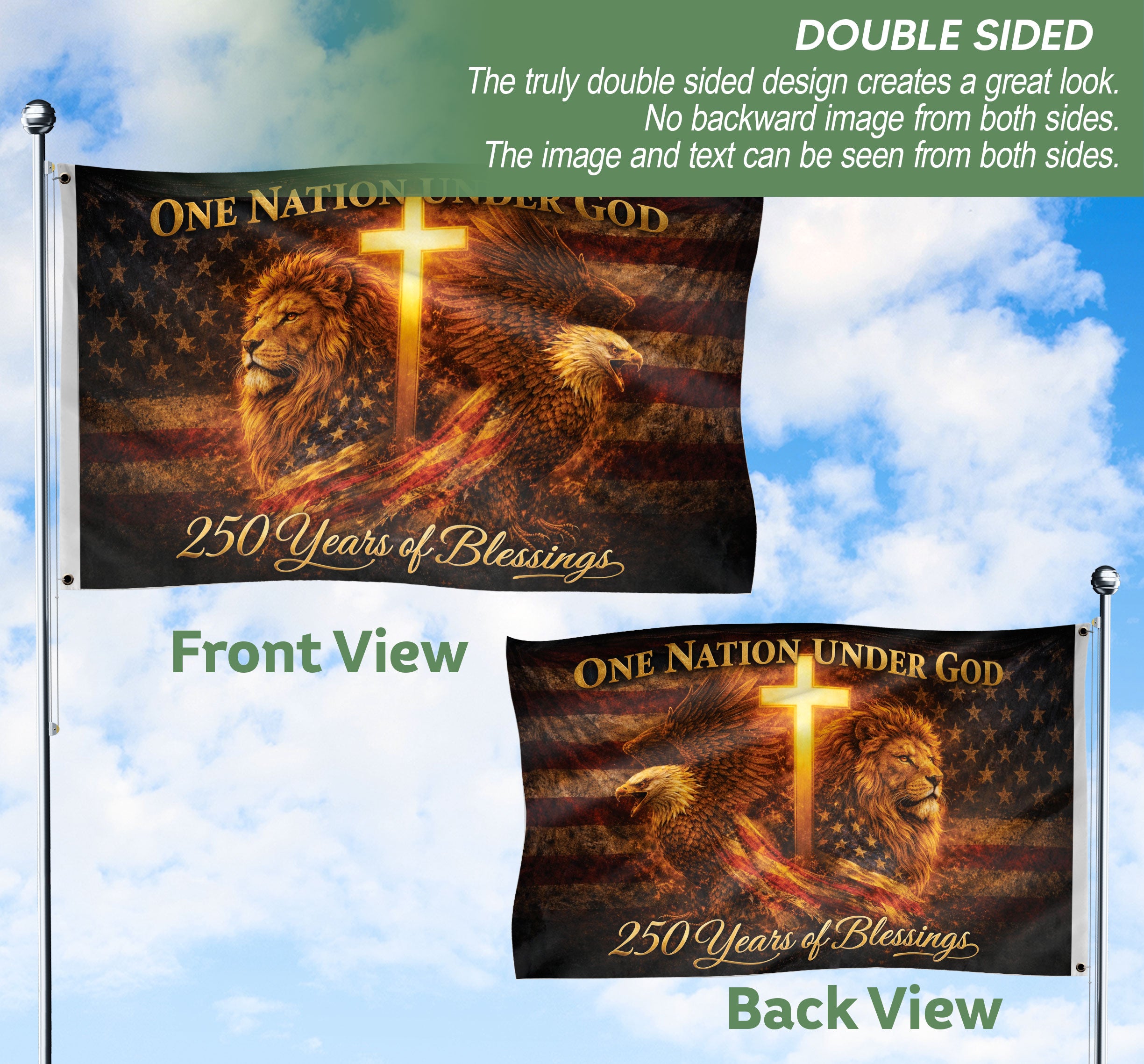 Christian Cross Lion Eagle House Flag 250th Anniversary USA Flag One Nation Under God
