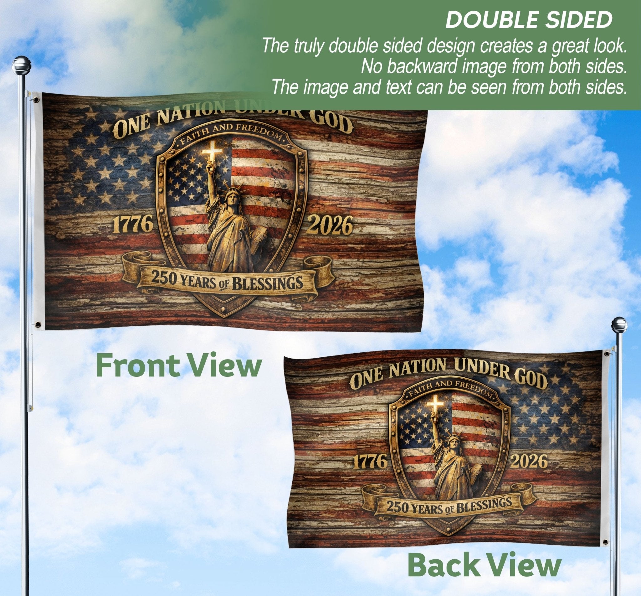 Christian Statue Liberty House Flag 250th Anniversary USA Flag One Nation Under God - Rust Field Wear