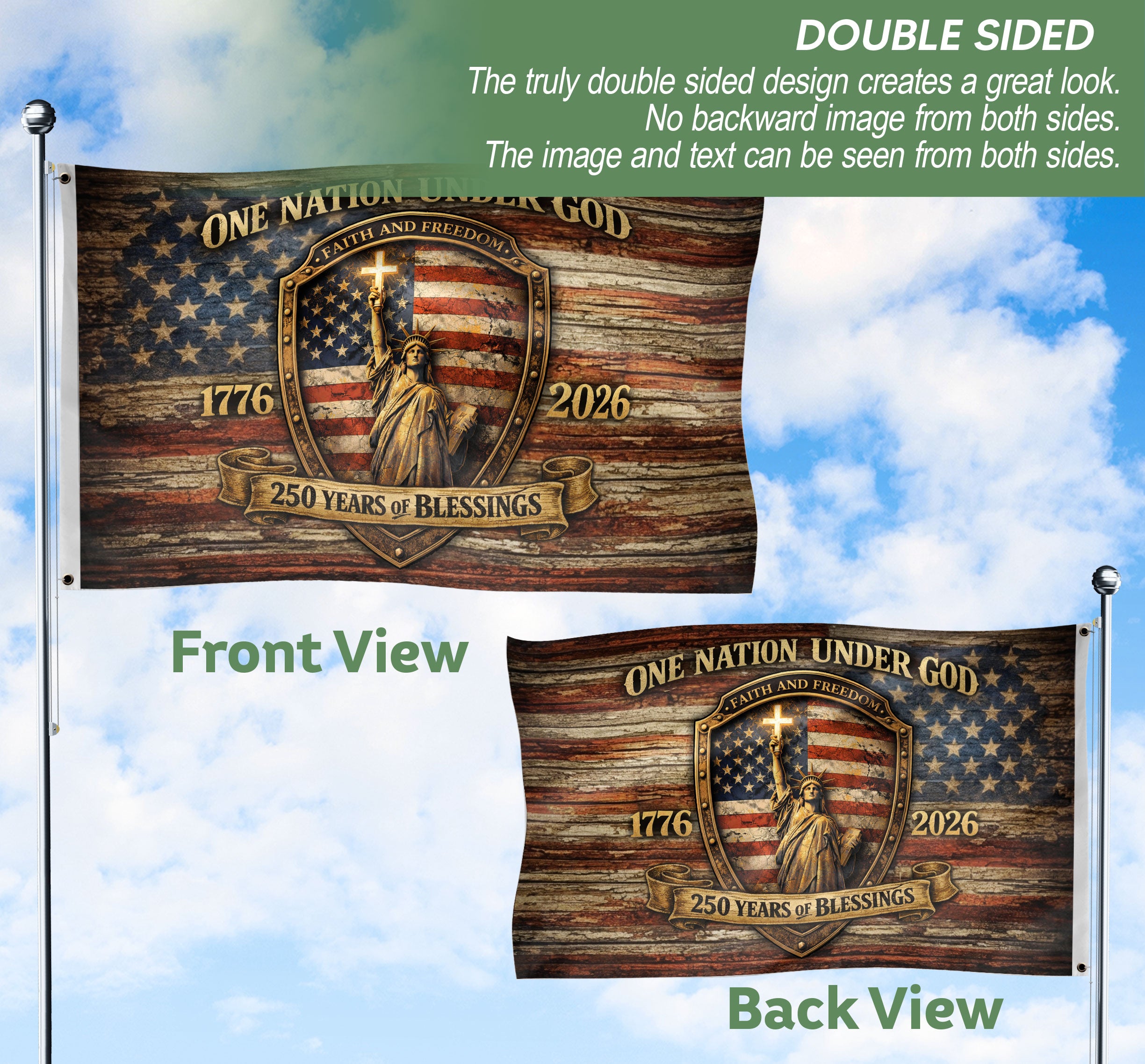 Christian Statue Liberty House Flag 250th Anniversary USA Flag One Nation Under God