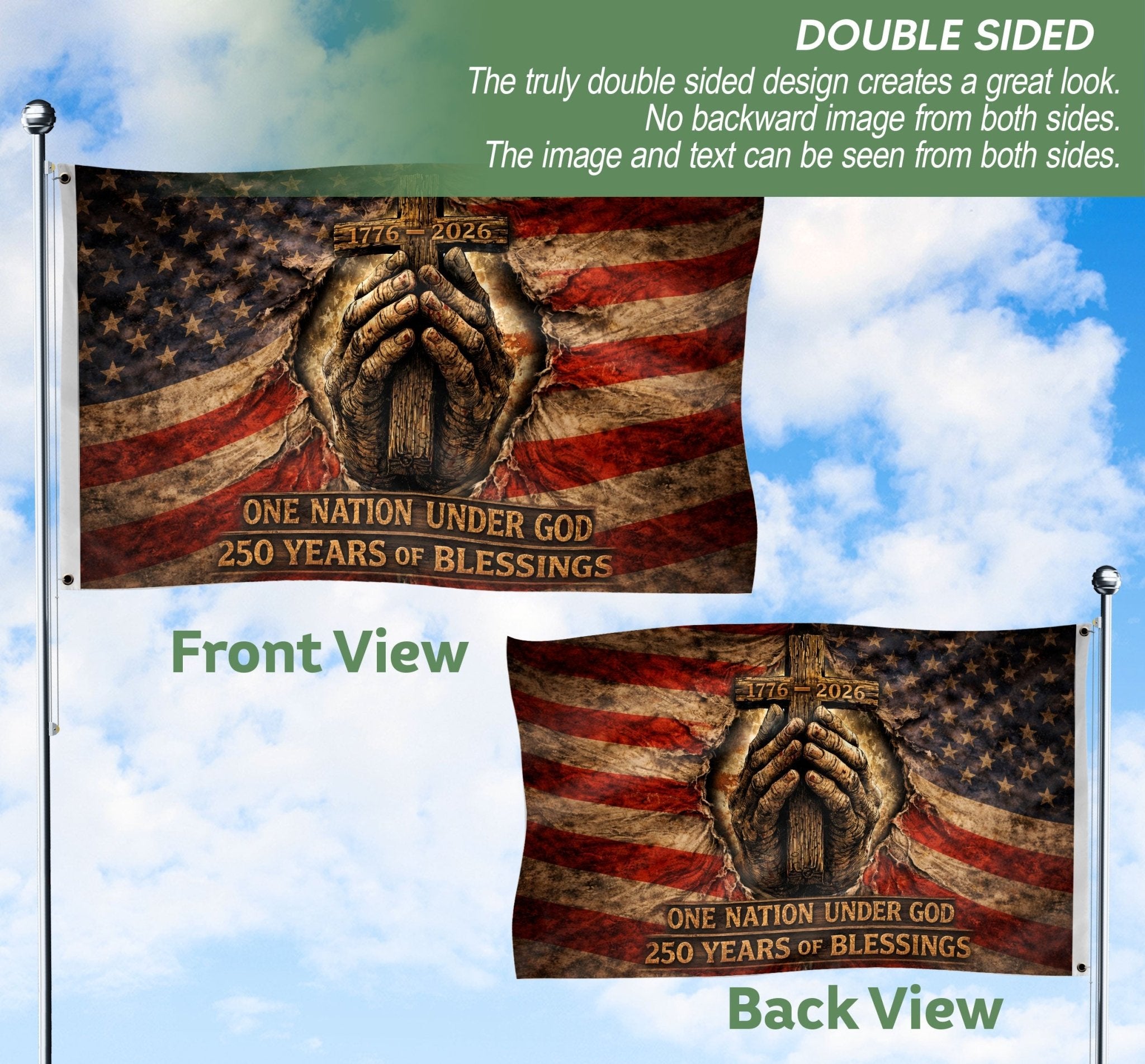 Christian Patriotic House Flag, Praying Hands Cross One Nation Under God Flag Decor - Rust Field Wear