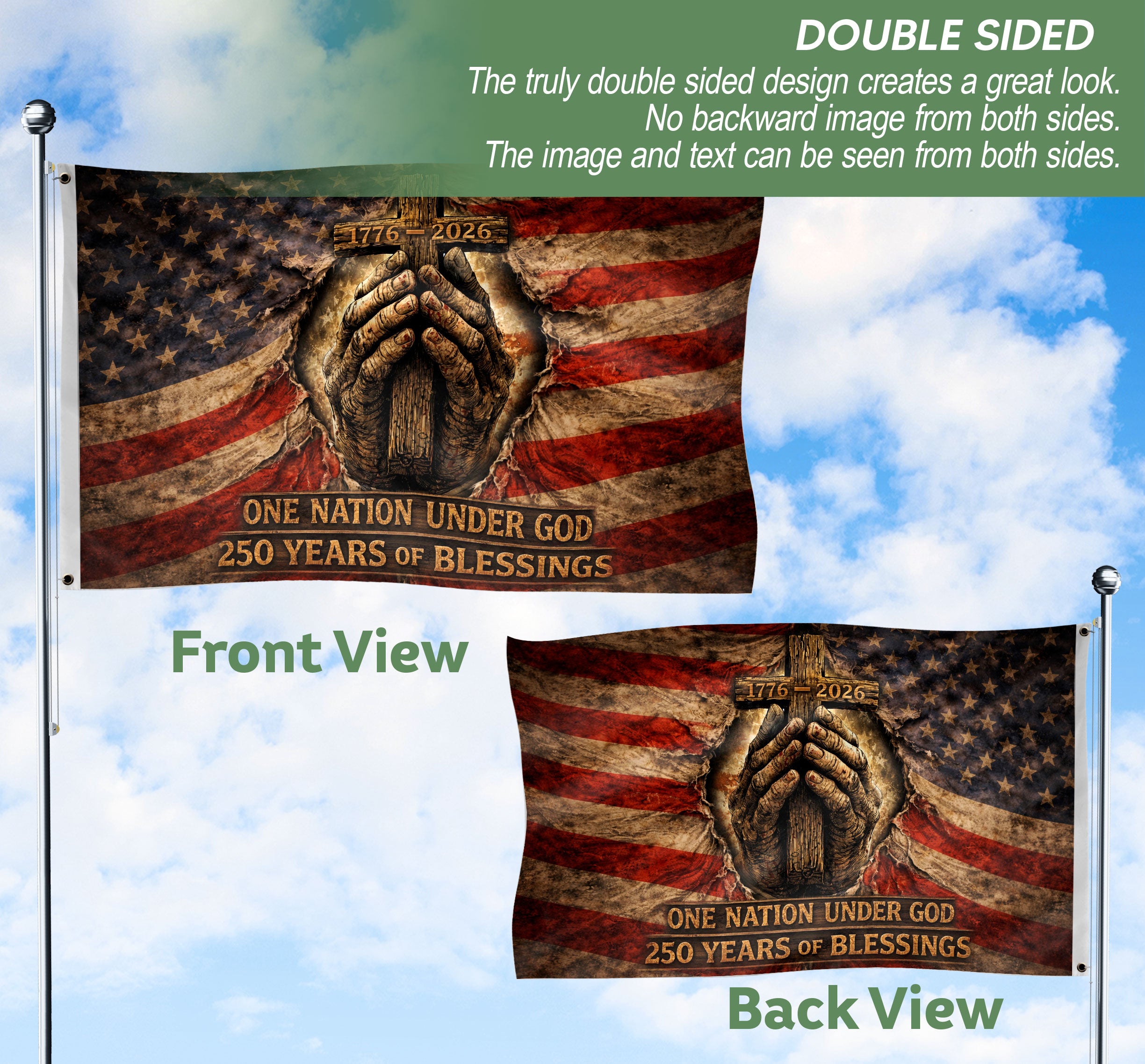 Christian Patriotic House Flag, Praying Hands Cross One Nation Under God Flag Decor