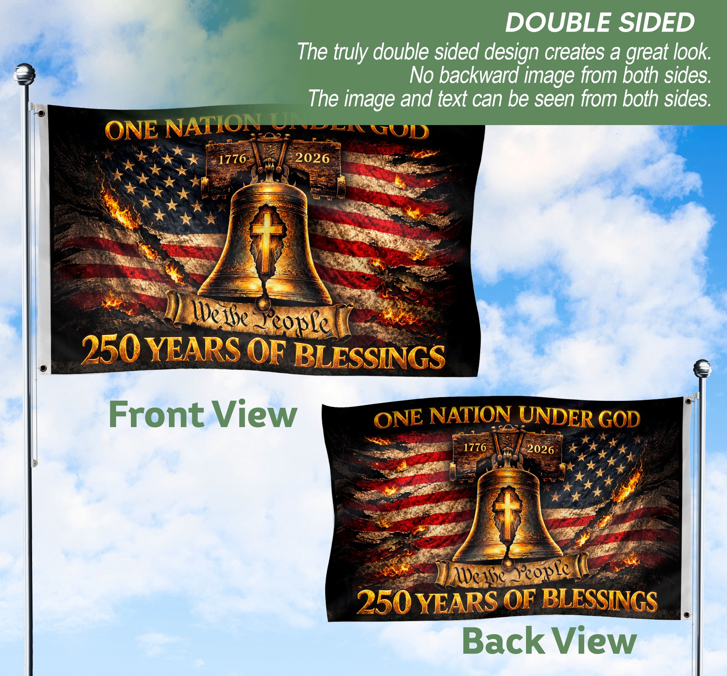 Patriotic Christian House Flag Liberty Bell Cross One Nation Under God We The People
