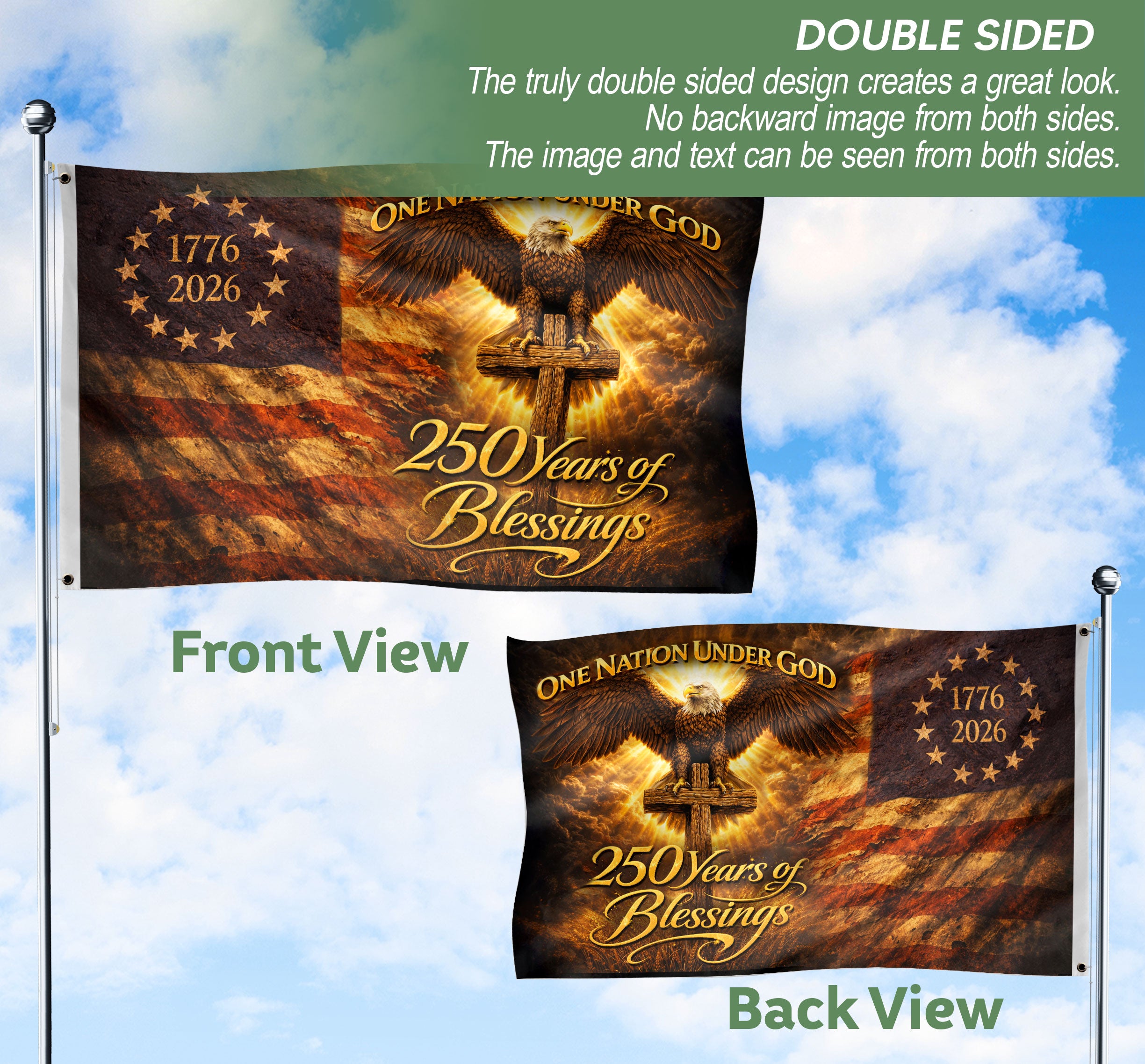Patriotic Christian House Flag Eagle Cross One Nation Under God 1776–2026 Blessings Decor