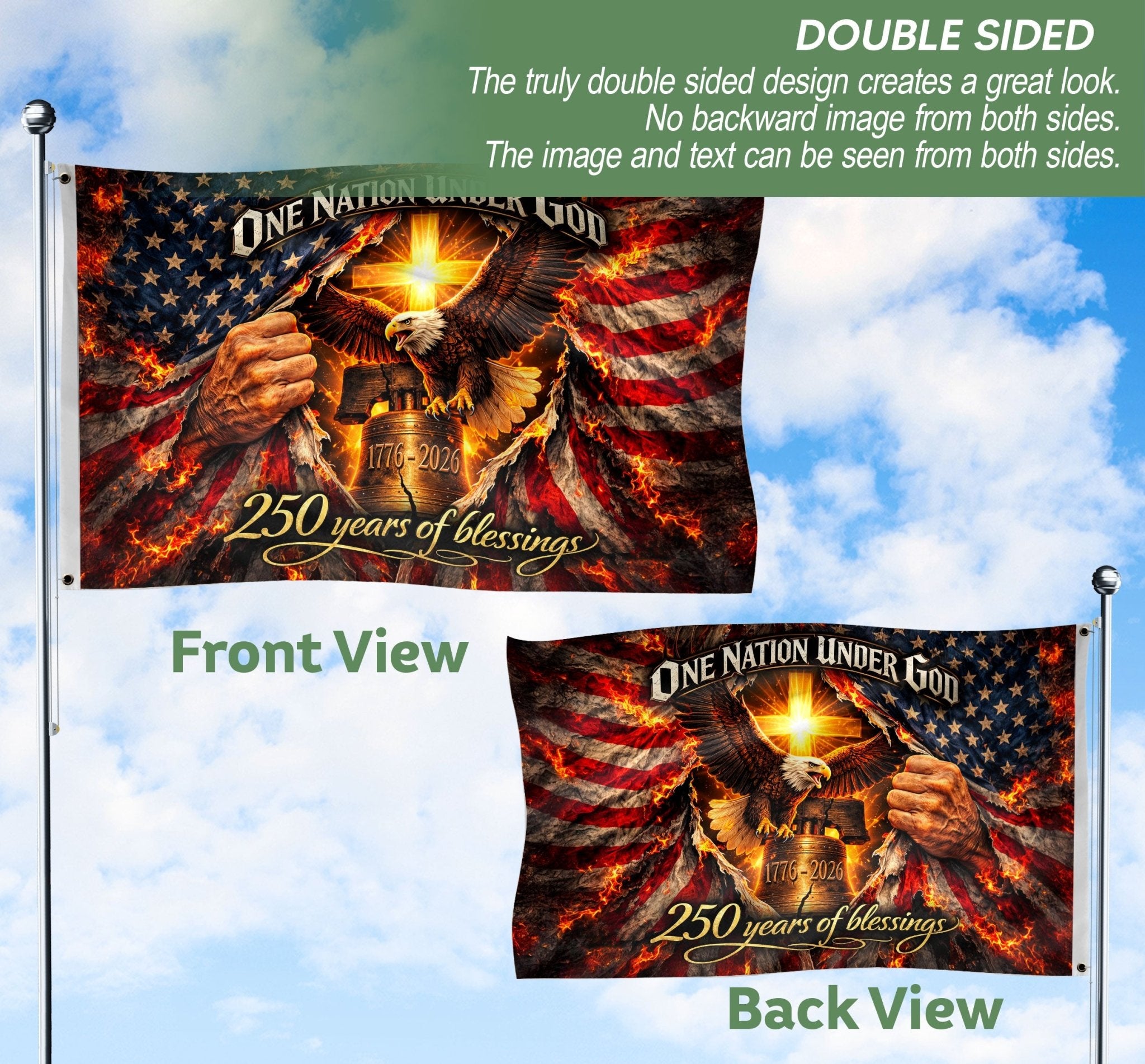 Patriotic House Flag Eagle Cross Liberty Bell One Nation Under God Banner - Rust Field Wear