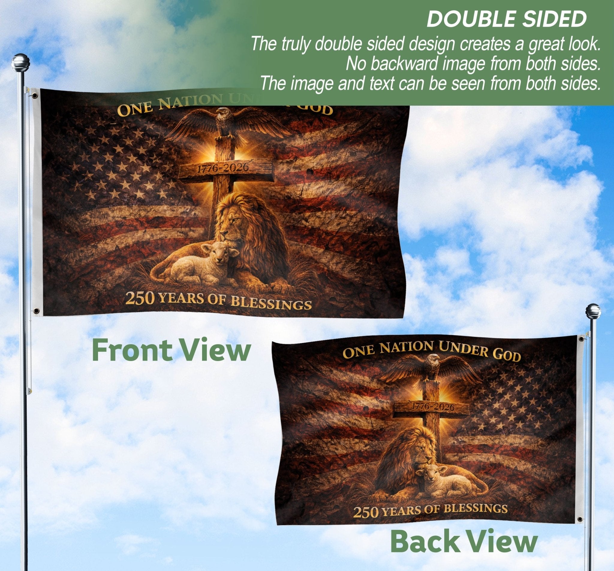 Christian Patriotic House Flag 250th Anniversary USA Flag One Nation Under God 1776-2026 - Rust Field Wear