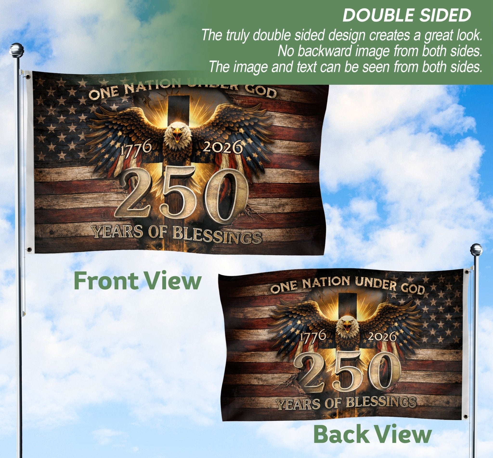 Patriotic Christian House Flag 250th Anniversary USA Flag 1776–2026 One Nation Under God Eagle Cross - Rust Field Wear