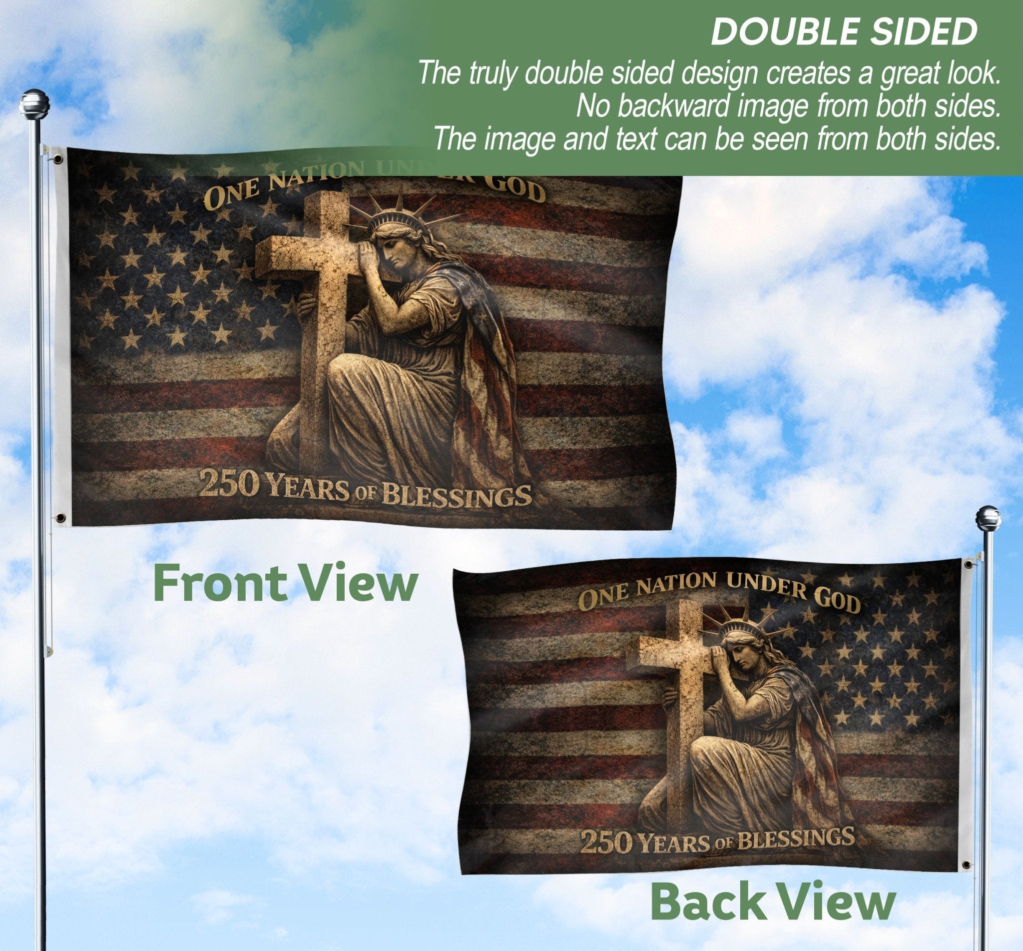 Christian Patriotic House Flag One Nation Under God USA 250th Anniversary Flag 1776–2026 American Flag Cross Design - Rust Field Wear