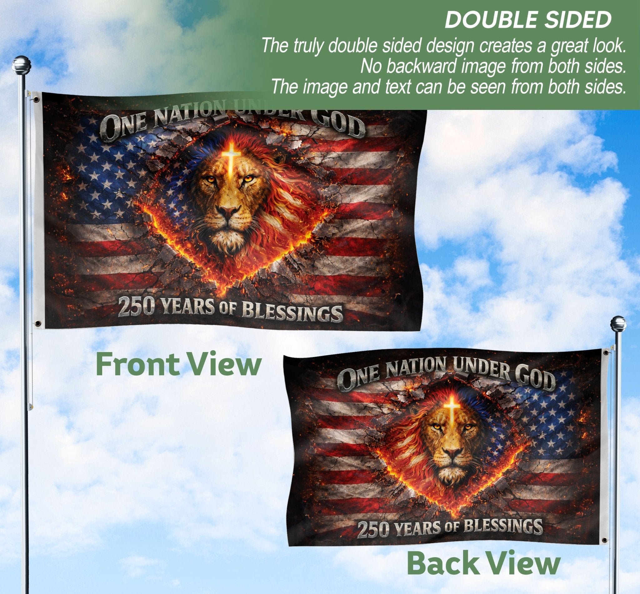 Christian Lion Cross Patriotic House Flag One Nation Under God 250th Anniversary USA Flag 1776–2026 Blessings Design - Rust Field Wear