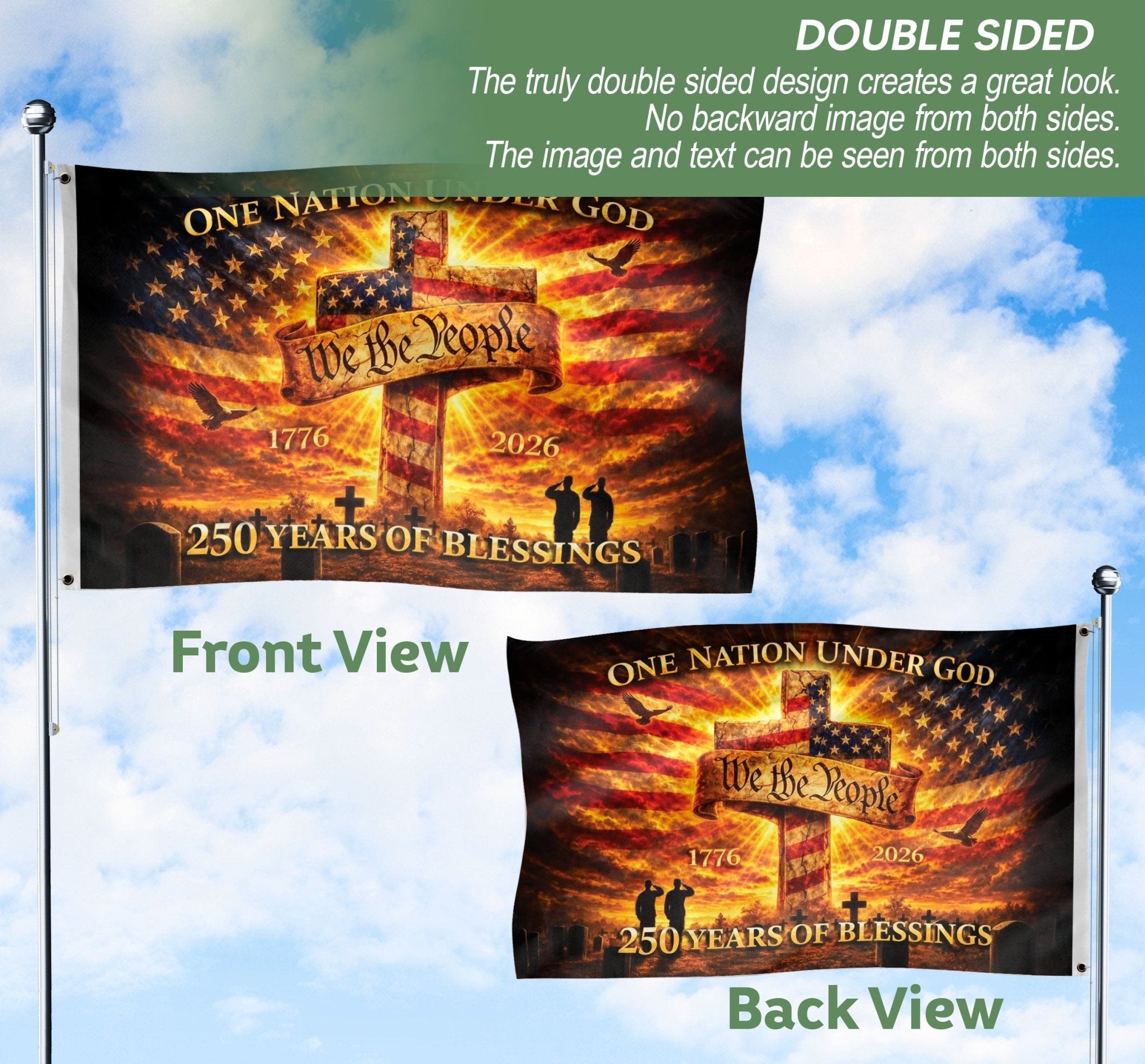 Christian We The People Cross House Flag One Nation Under God 250th Anniversary USA Flag 1776–2026 Patriotic Blessings - Rust Field Wear