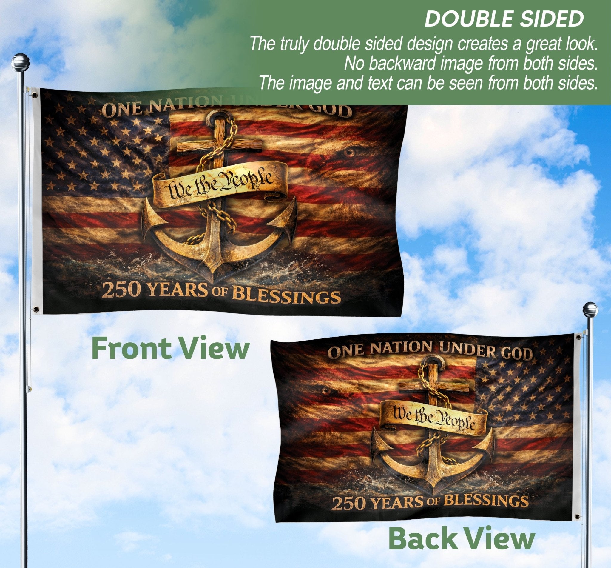 Christian Anchor Cross We The People House Flag One Nation Under God 250th Anniversary USA Flag 1776–2026 Patriotic Design - Rust Field Wear