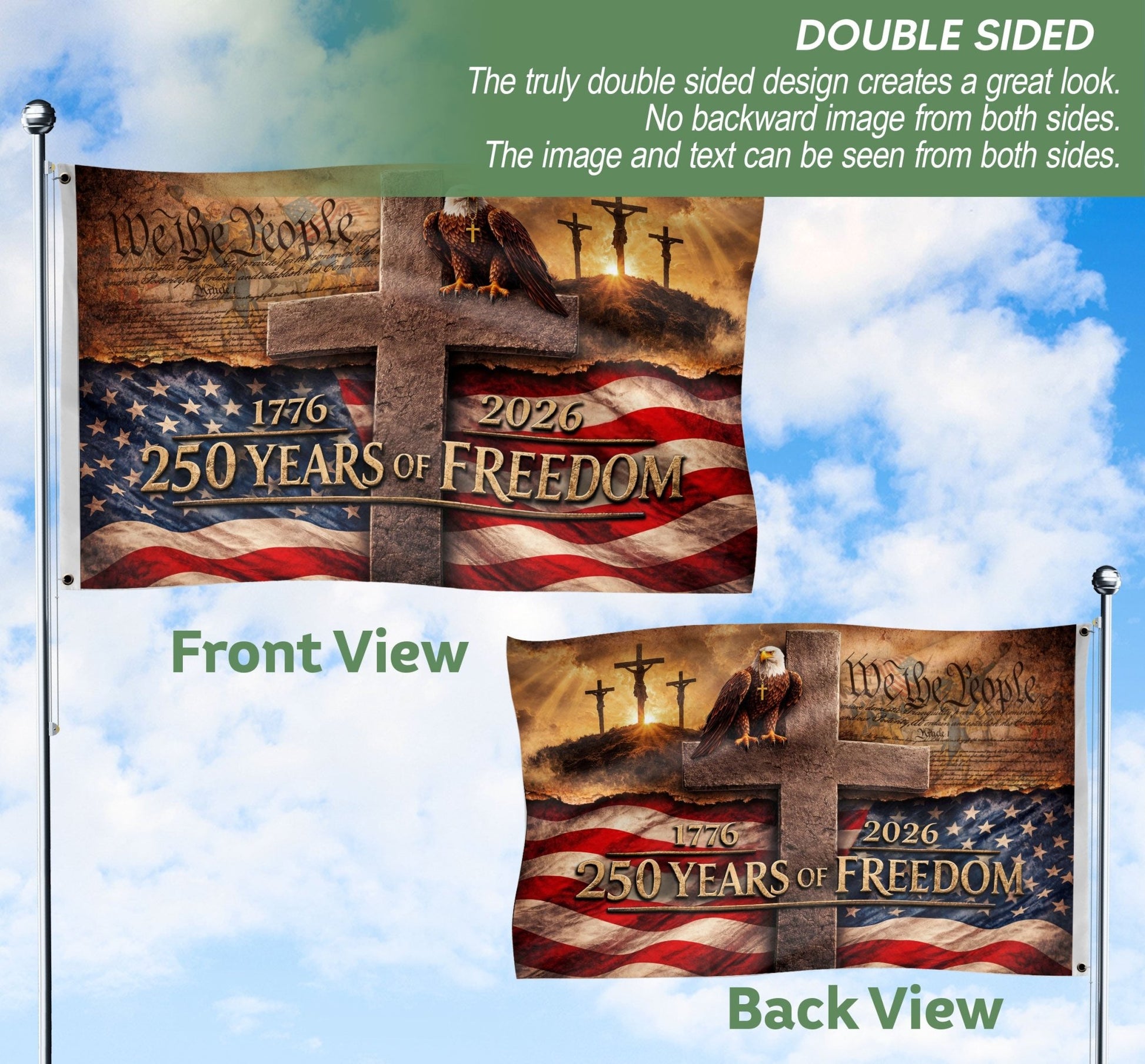 US 250 Years of Freedom Flag 3x5 ft Christian Cross Eagle 1776-2026 Patriotic Banner - Rust Field Wear