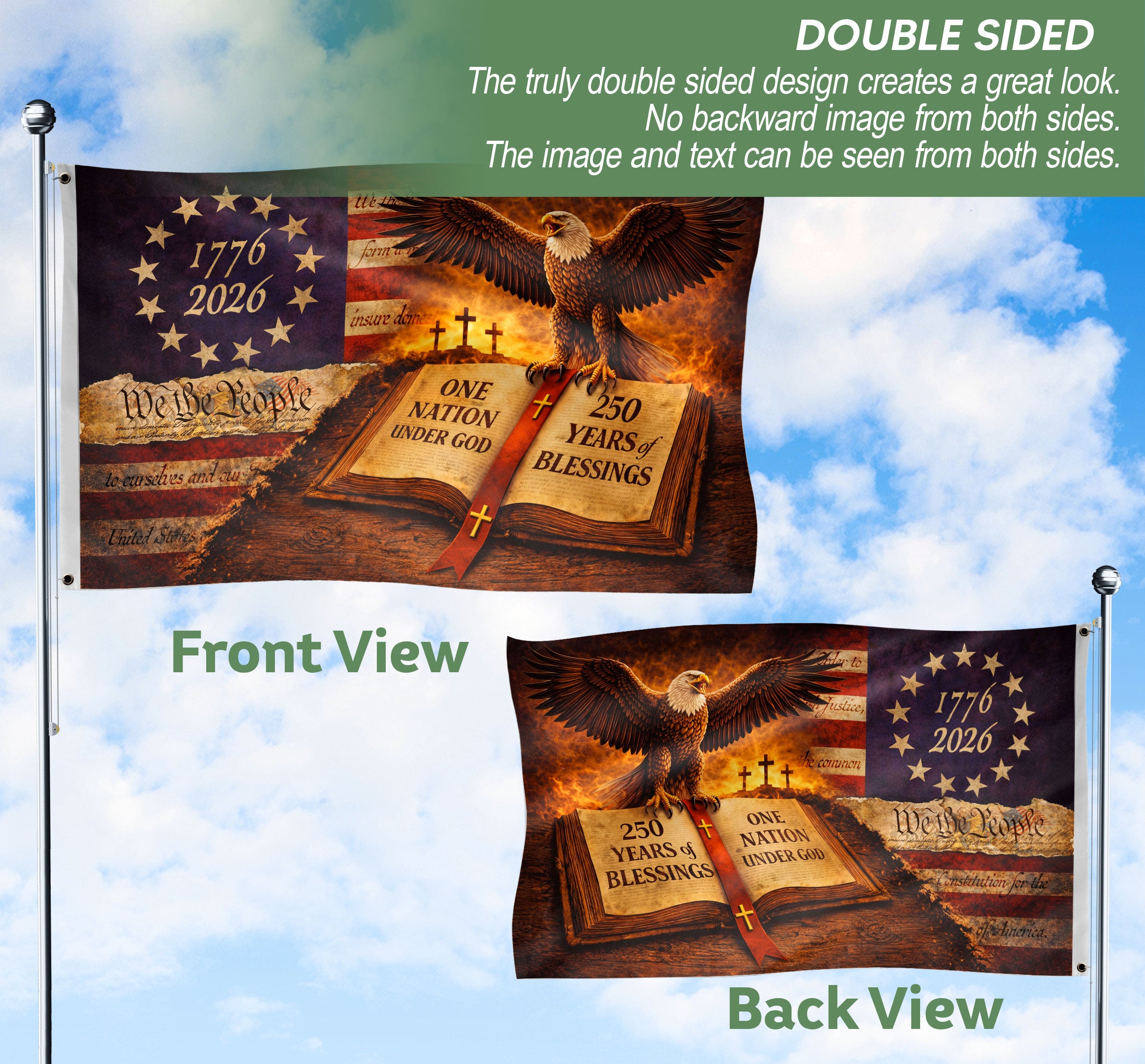 We The People 250th Anniversary USA House Flag Eagle Bible Cross 1776–2026 Patriotic Blessing Flag