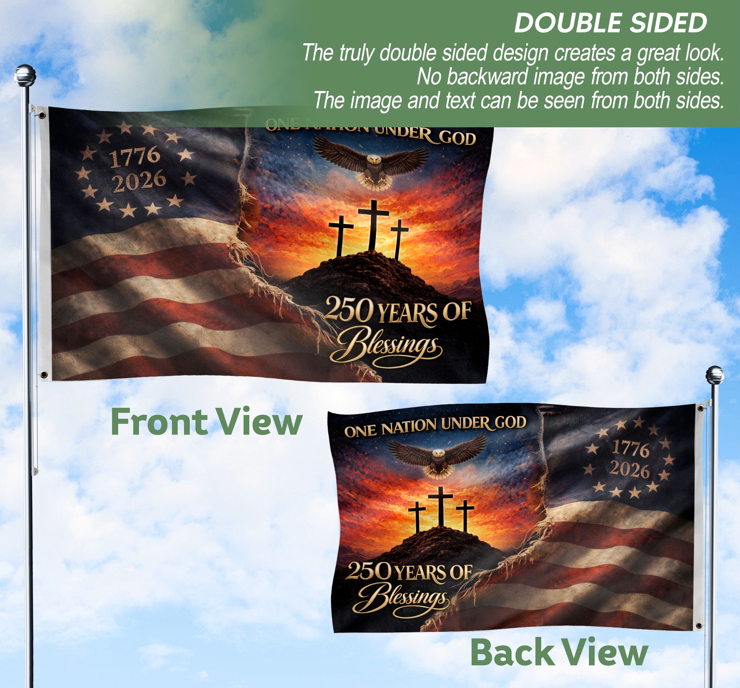 250th Anniversary USA Christian House Flag Three Crosses One Nation Under God Decor