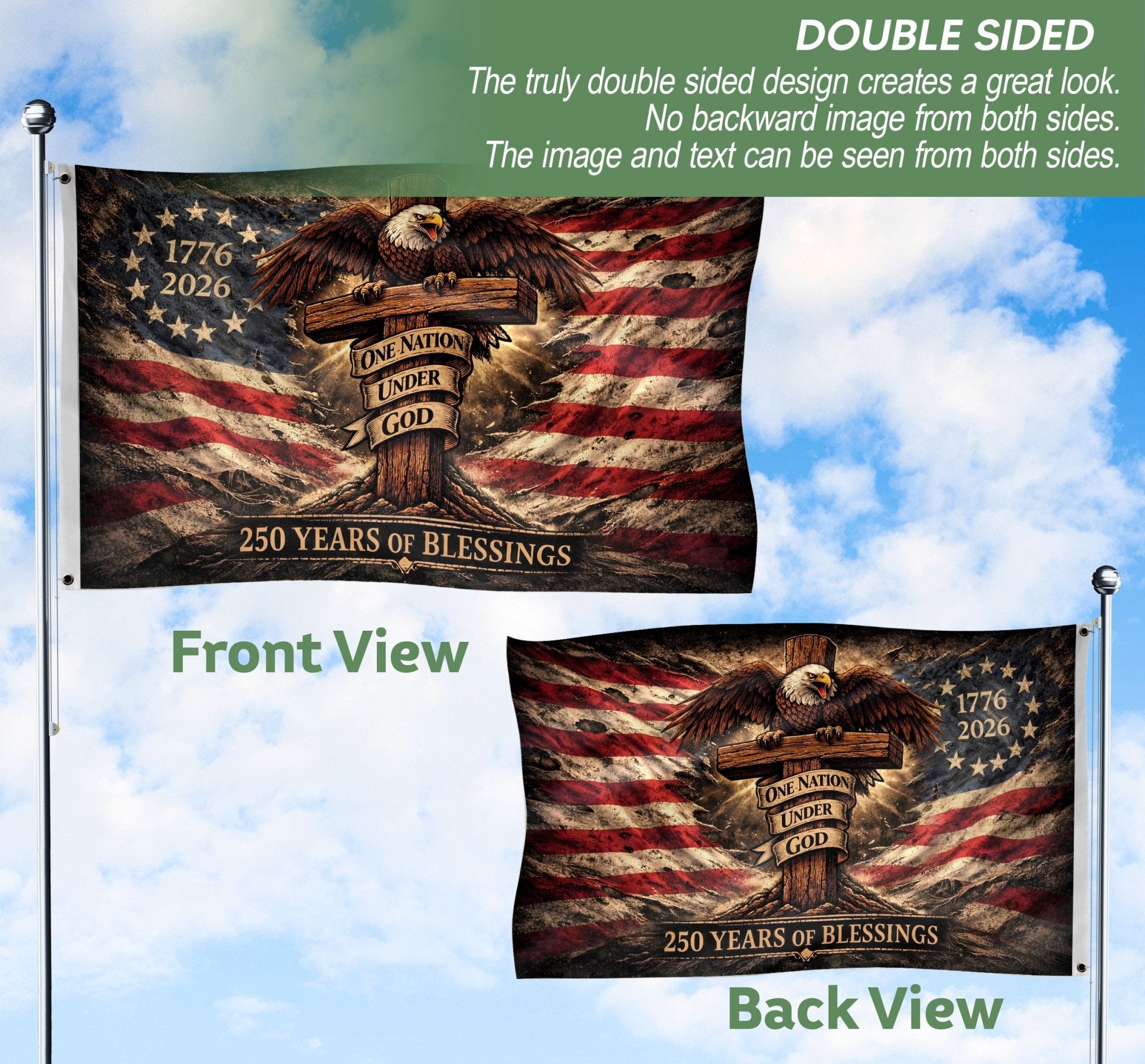 Patriotic Christian House Flag One Nation Under God Eagle Cross 250 Years Blessings 1776-2026 - Rust Field Wear