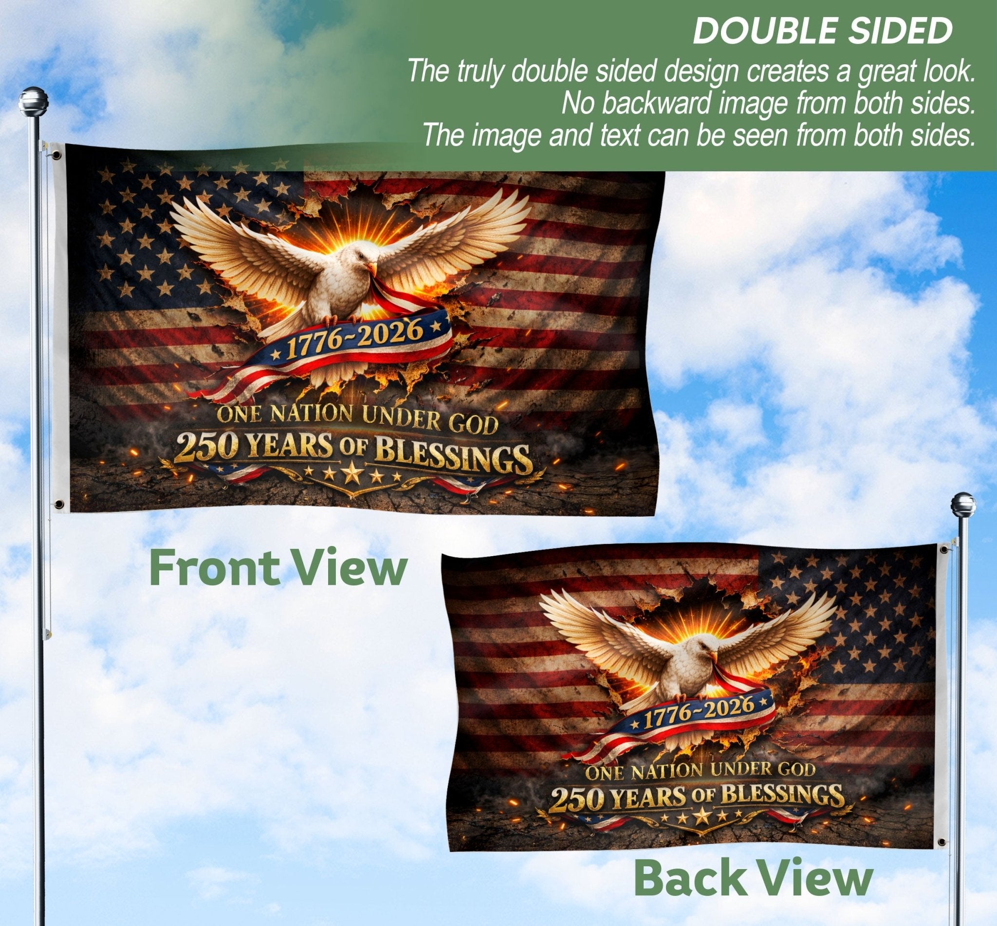 One Nation Under God House Flag 1776-2026 Patriotic Eagle 250 Years Blessings Decor - Rust Field Wear