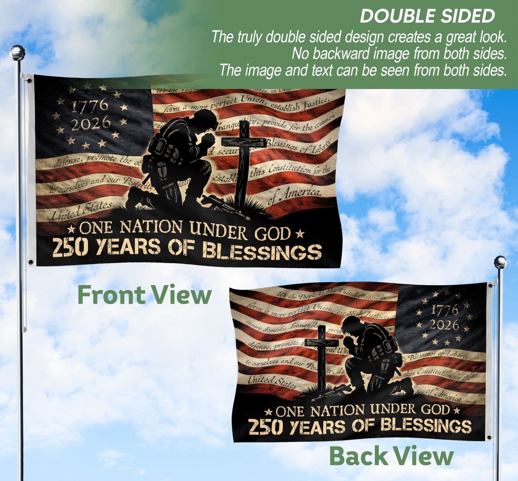 Patriotic Soldier Prayer Christian House Flag One Nation Under God 250 Years Blessings - Rust Field Wear