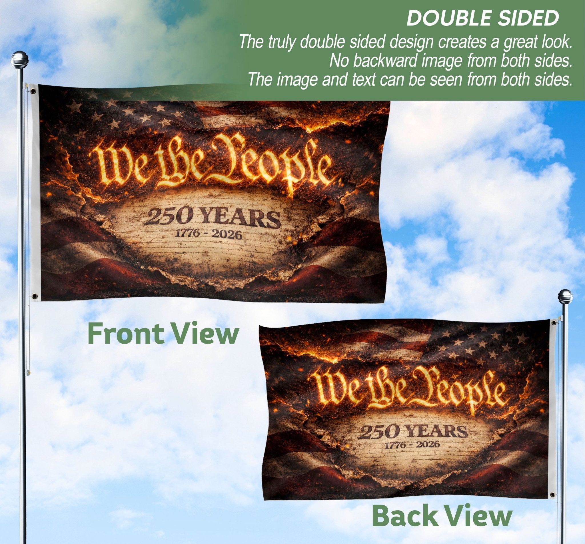 US 250 Years Flag 3x5 ft We The People 1776-2026 Fire Patriotic American Banner - Rust Field Wear