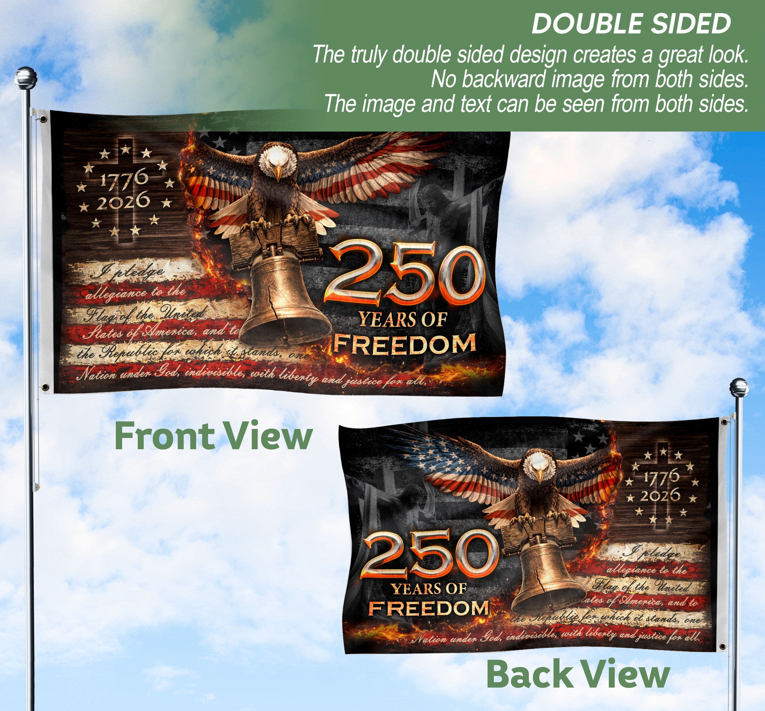 250 Years of Freedom House Flag 1776-2026 Patriotic Eagle Liberty Bell Garden Decor Gift