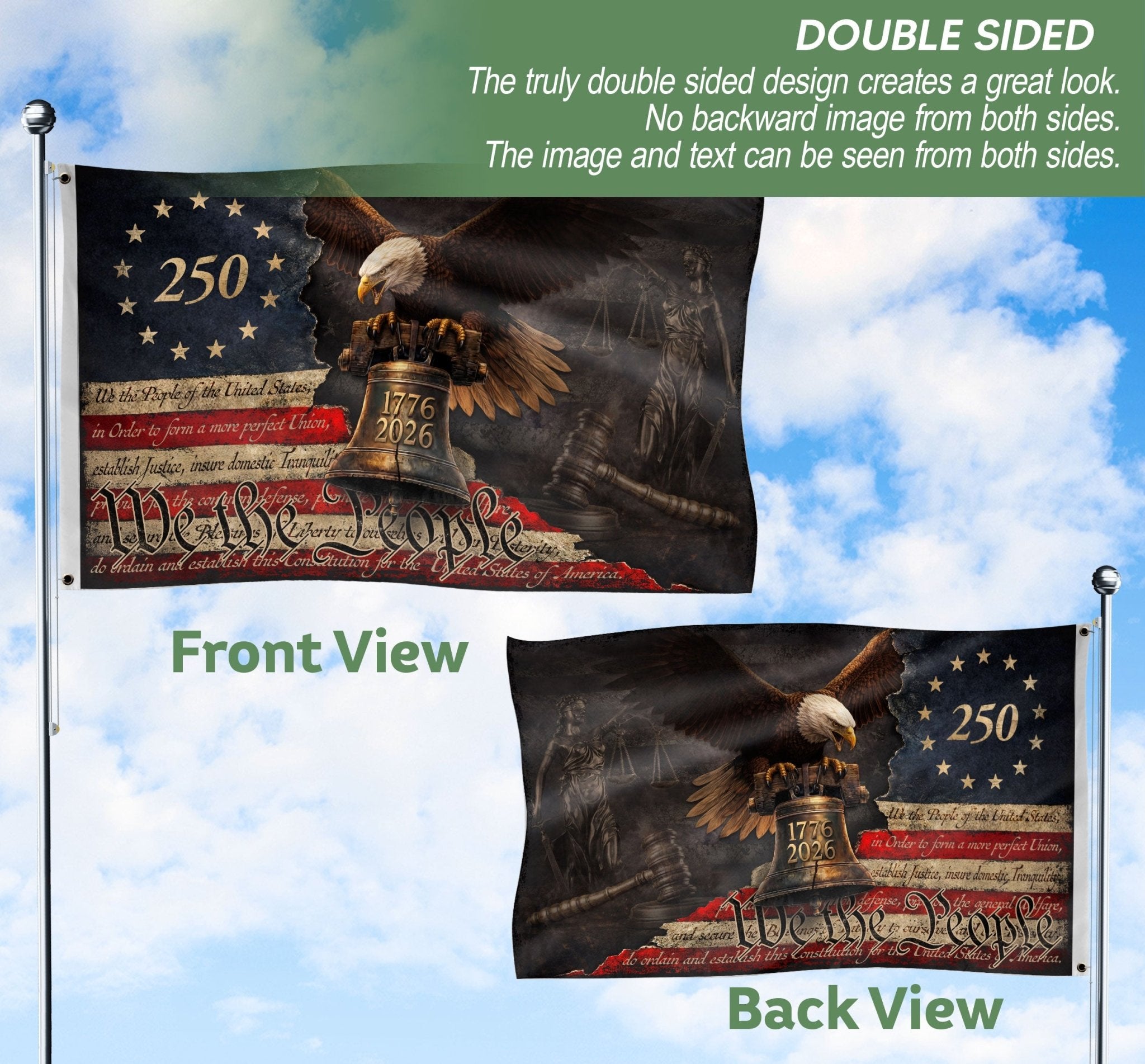US 250th Anniversary Flag 3x5 ft We The People 1776-2026 Liberty Bell Patriotic Decor - Rust Field Wear