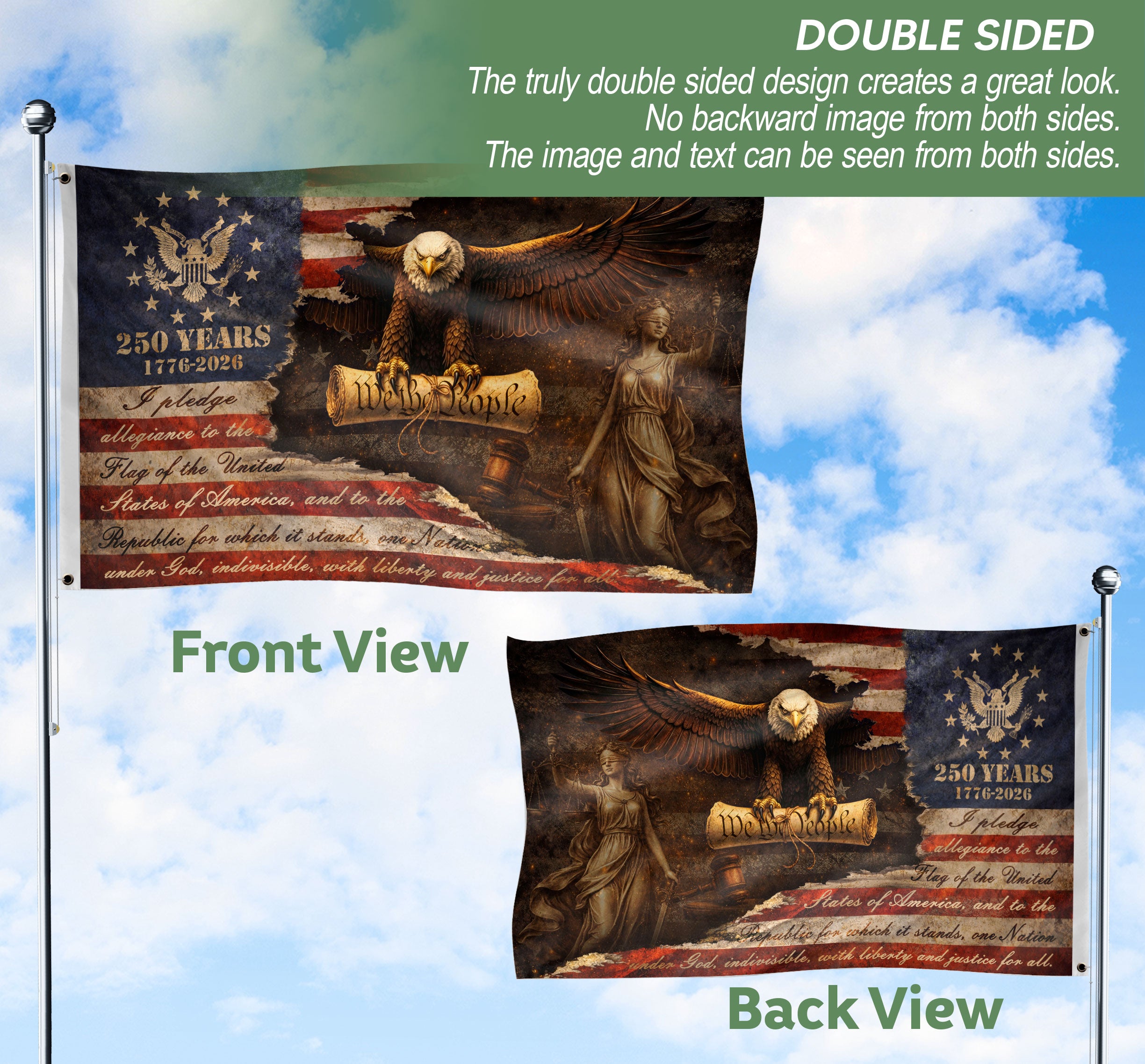 Justice Gavel Eagle House Flag 1776-2026 We The People 250 Years Freedom Patriotic Decor