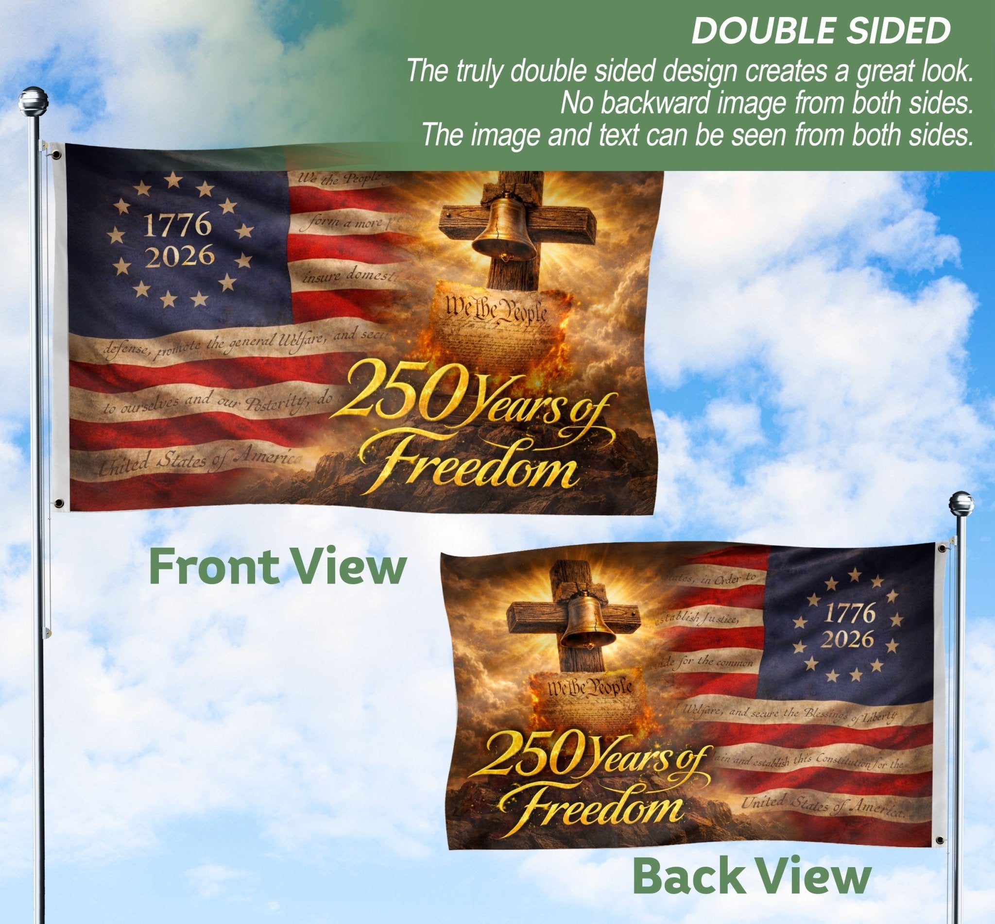 USA 250 Years of Freedom Flag - Liberty Bell & Cross Patriotic Outdoor Banner 1776-2026 - Rust Field Wear