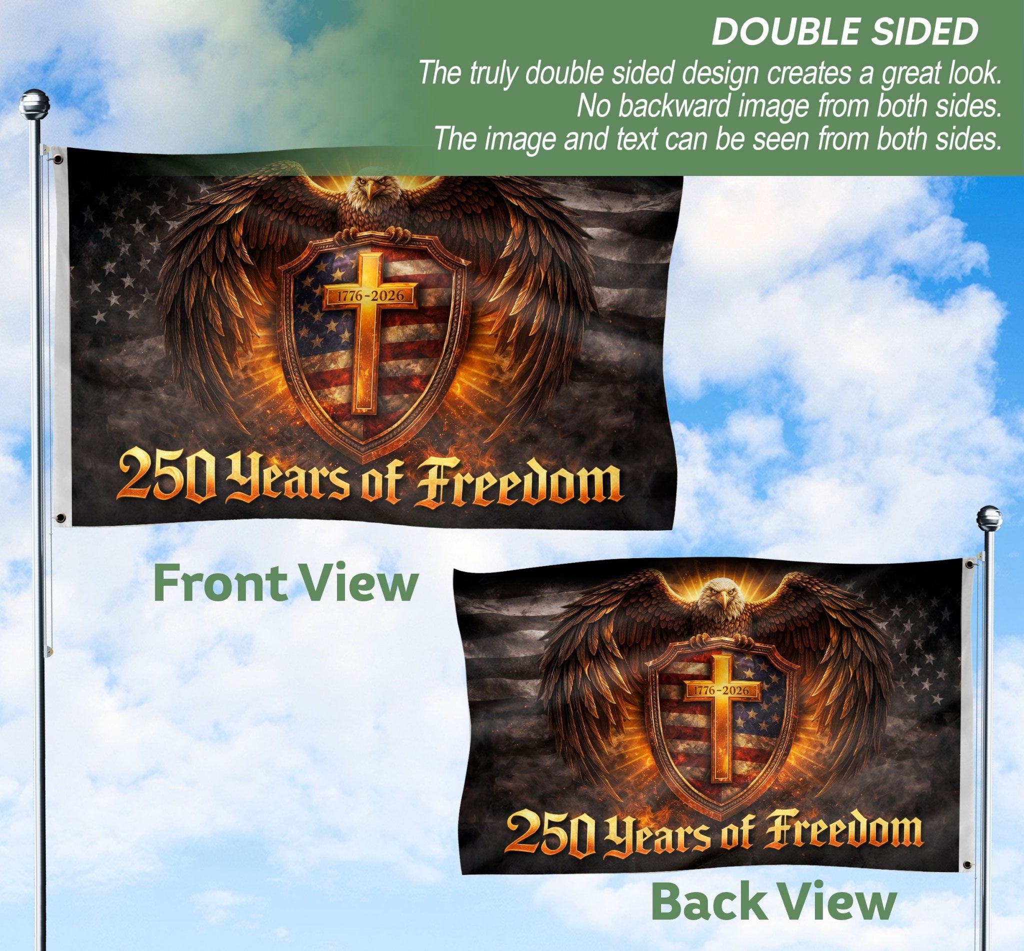 USA 250 Years of Freedom Flag - Patriotic Shield & Cross Outdoor Banner 1776-2026 - Rust Field Wear