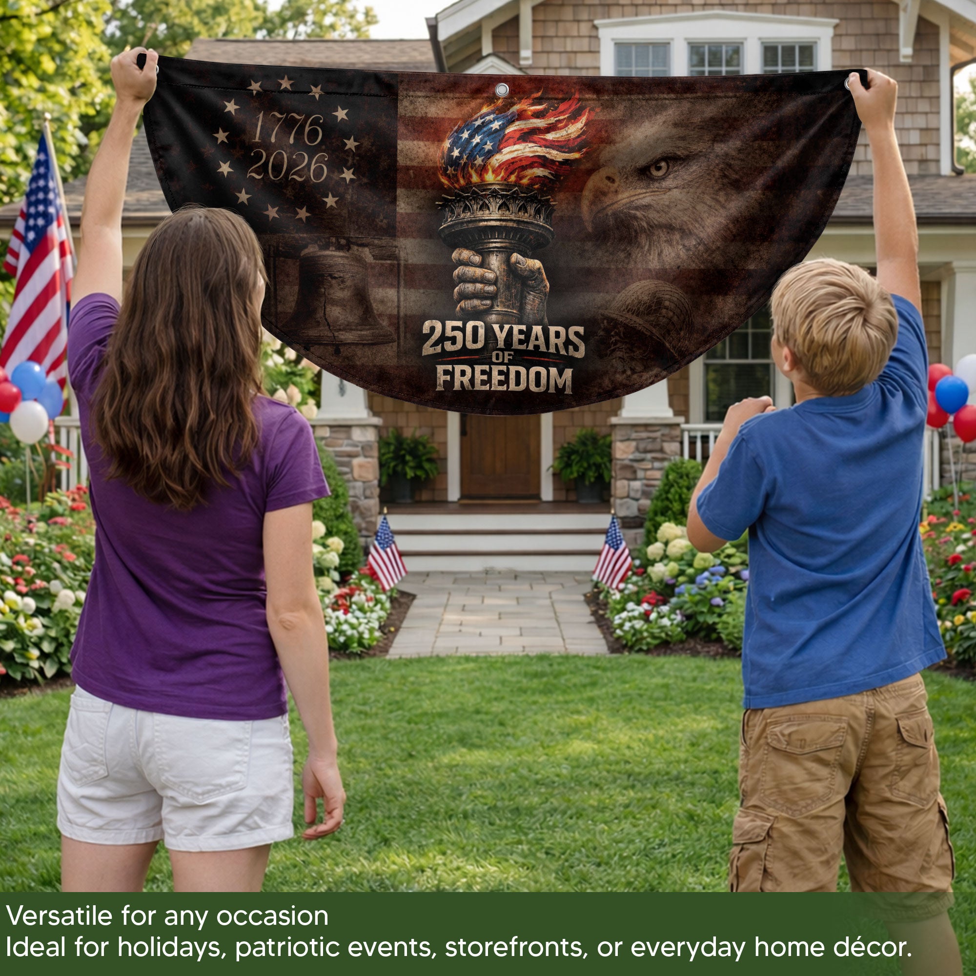 250th Anniversary Freedom Flag Fence Banner - Liberty Torch & Eagle Design for 2026 Celebration