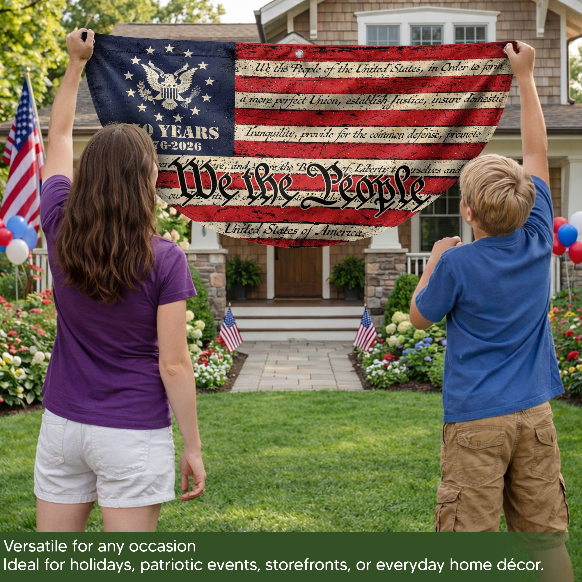 250th Anniversary USA Flag Fence Banner - Patriotic We The People Design for 2026 Celebration