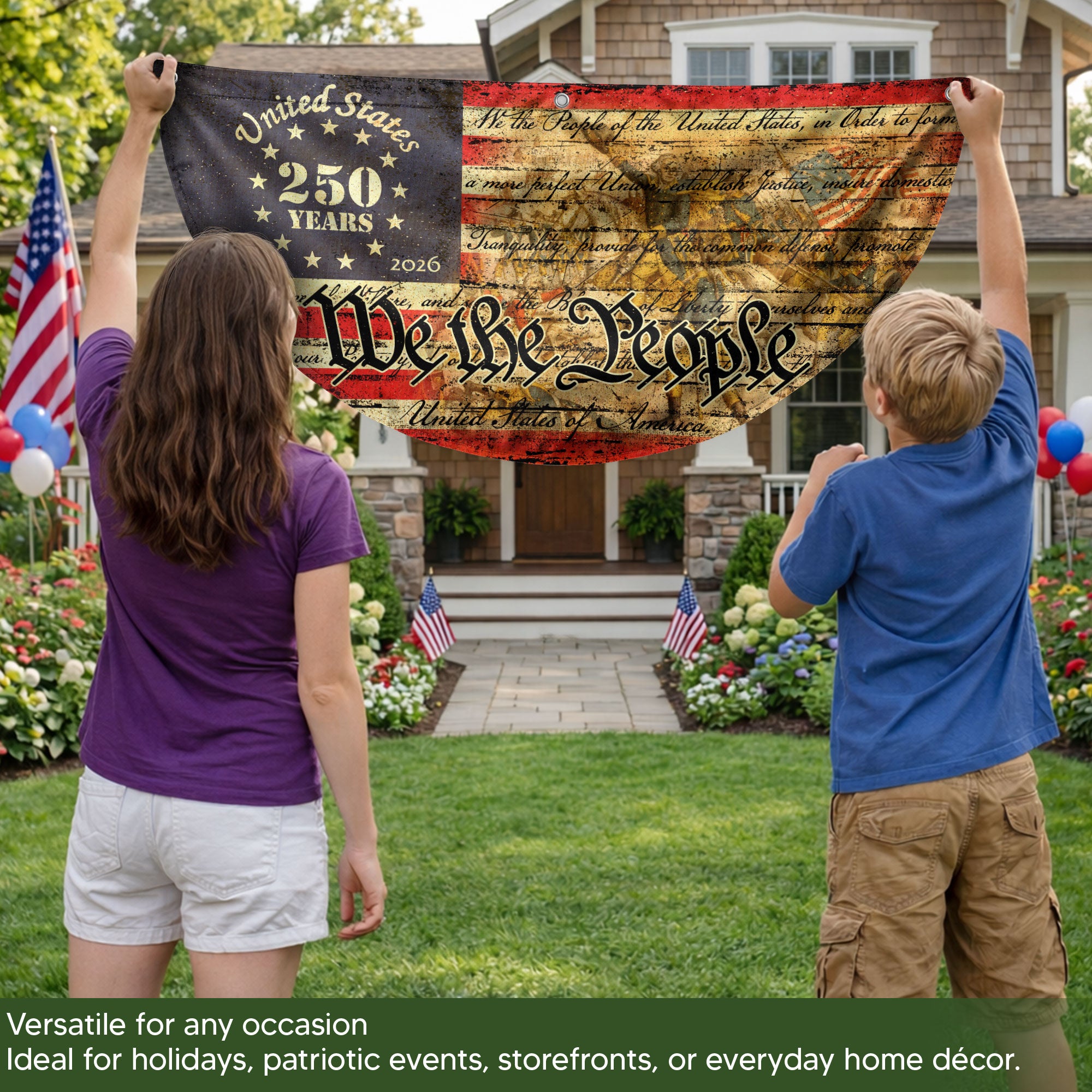 USA 250th Anniversary Flag Fence Banner - We The People & Eagle Design for 2026 Celebration